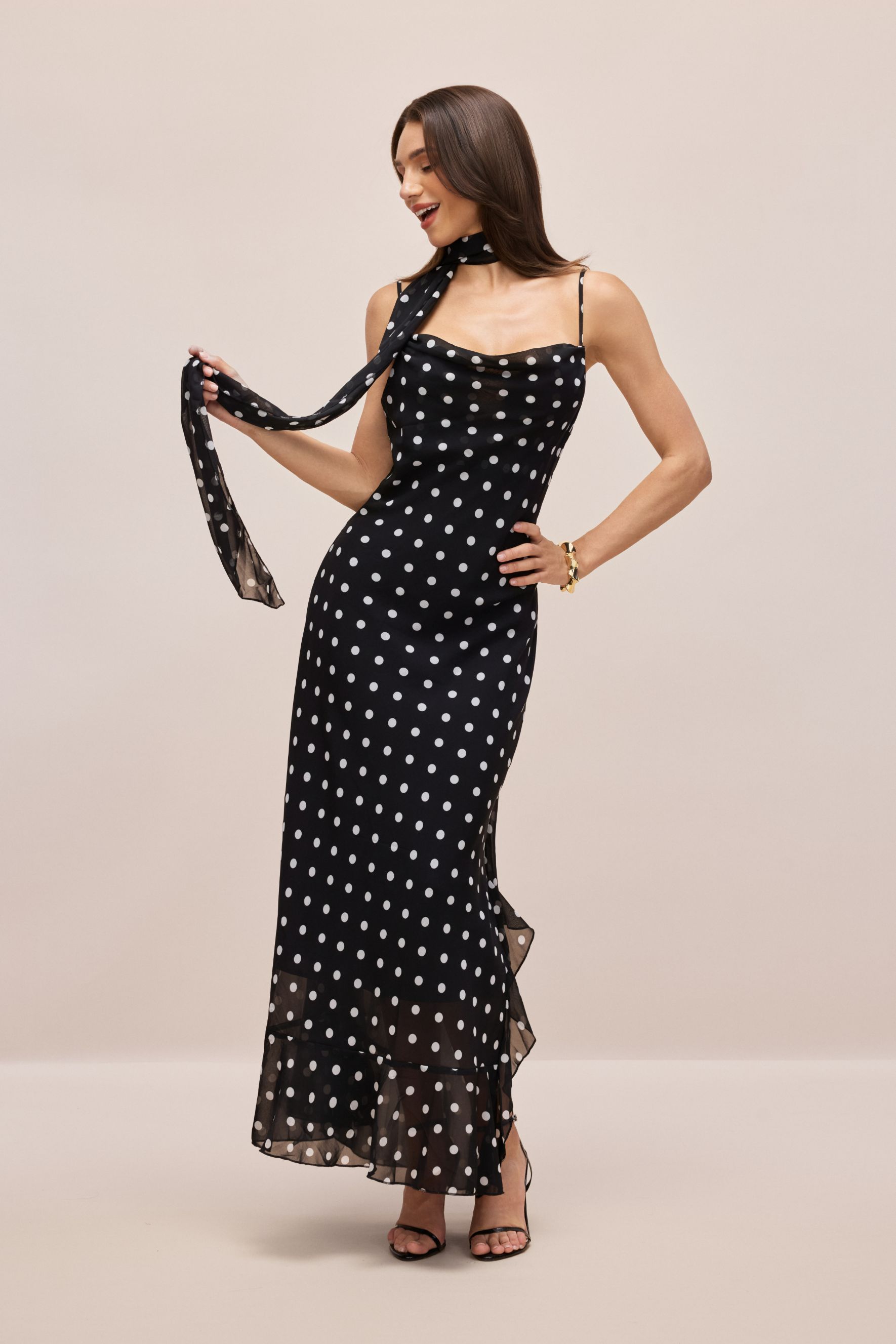 Veronica Polka Dot Ruffle Trim Maxi Dress with Scarf