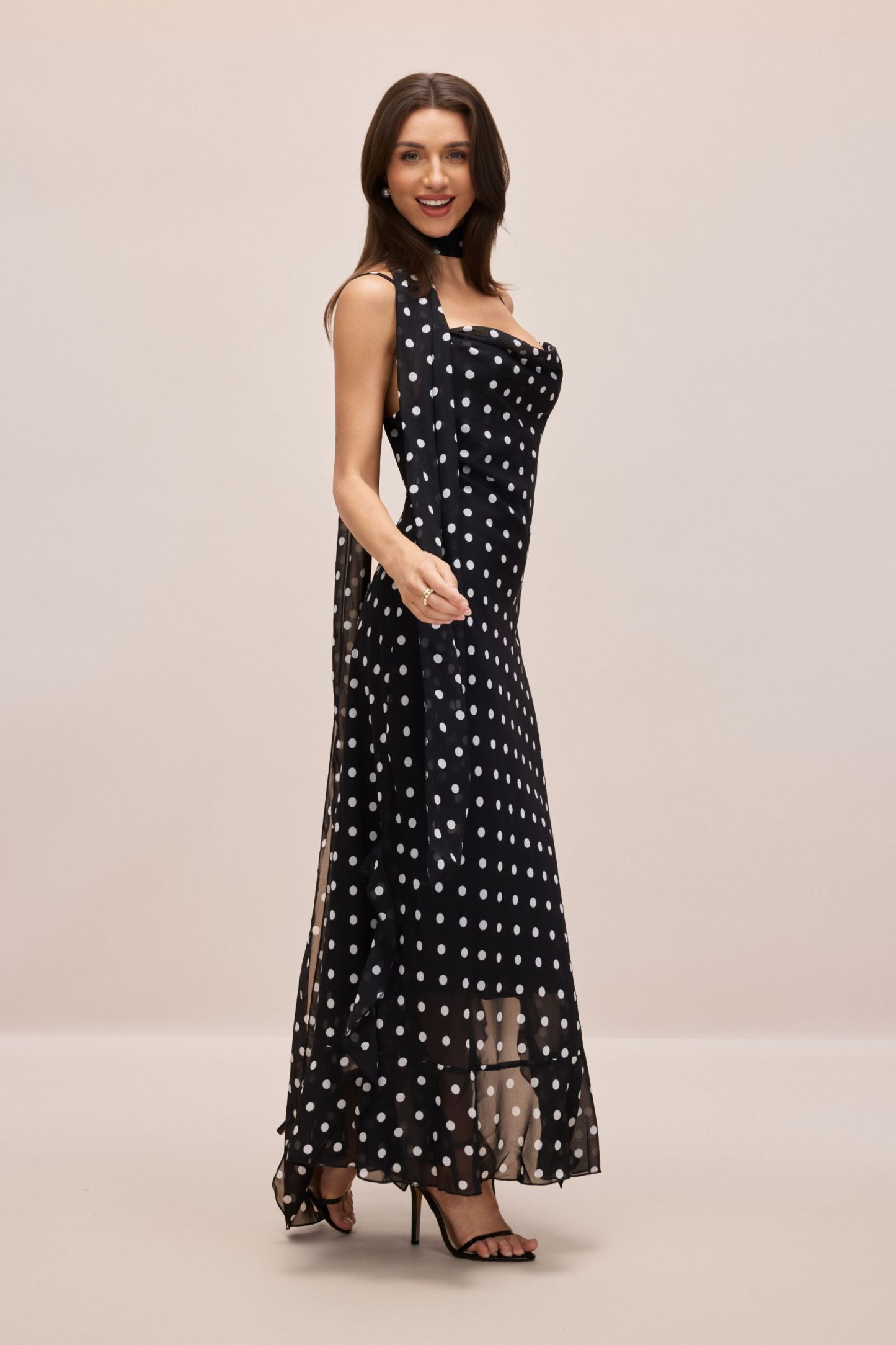 Veronica Polka Dot Ruffle Trim Maxi Dress with Scarf