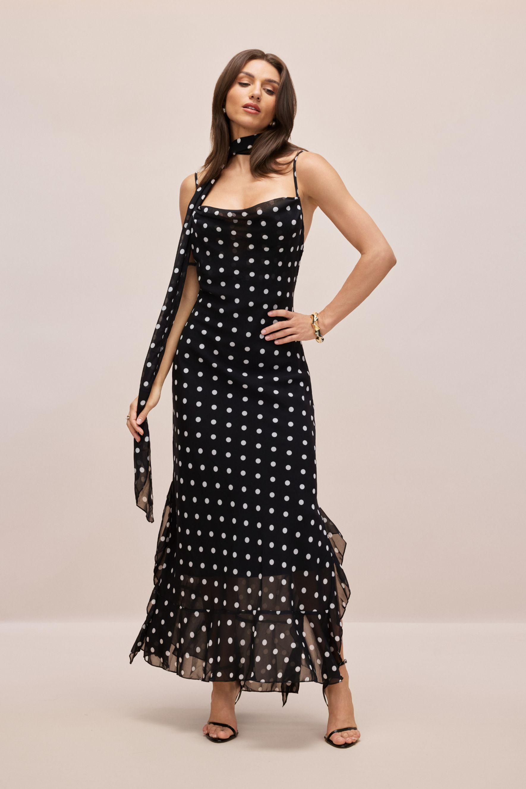 Veronica Polka Dot Ruffle Trim Maxi Dress with Scarf