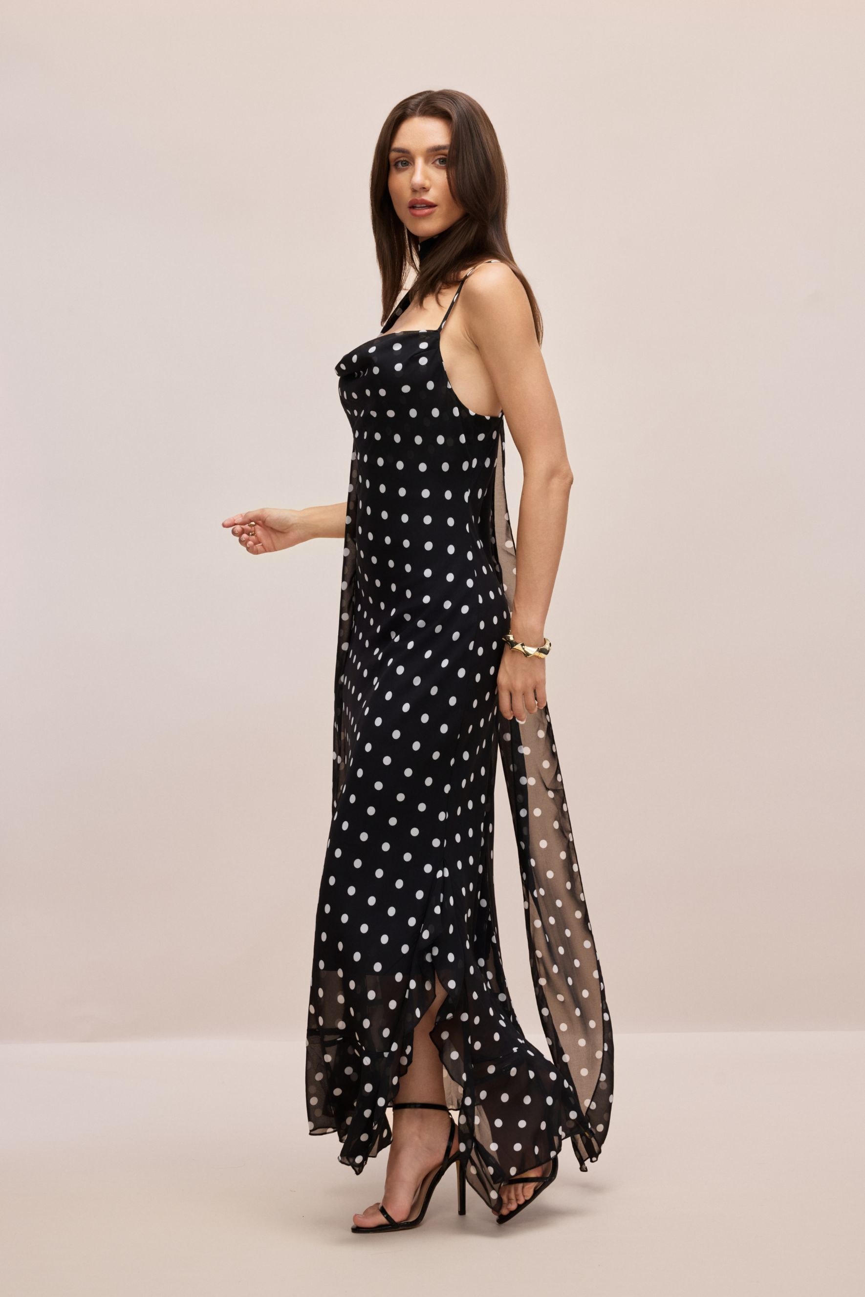 Veronica Polka Dot Ruffle Trim Maxi Dress with Scarf