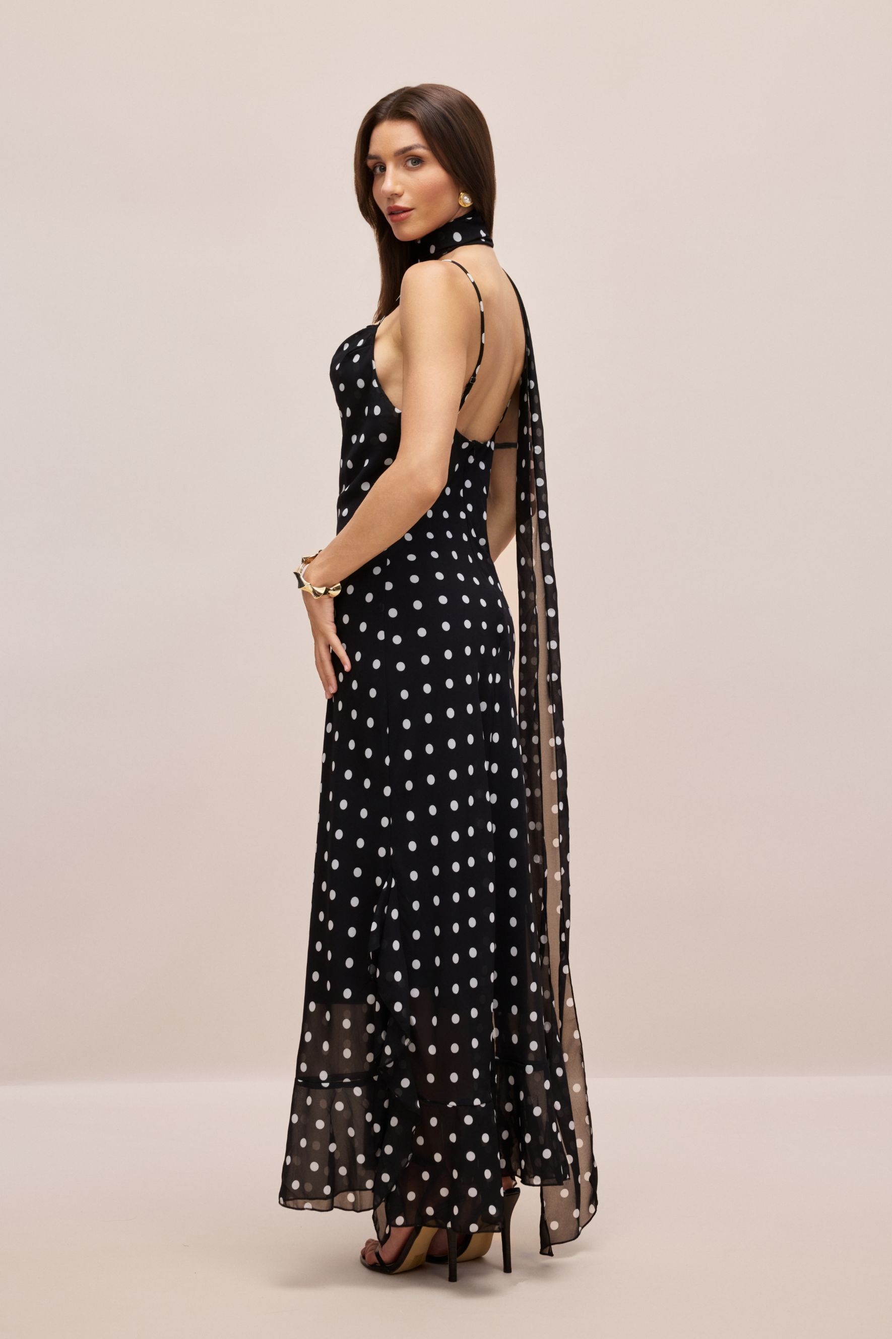Veronica Polka Dot Ruffle Trim Maxi Dress with Scarf