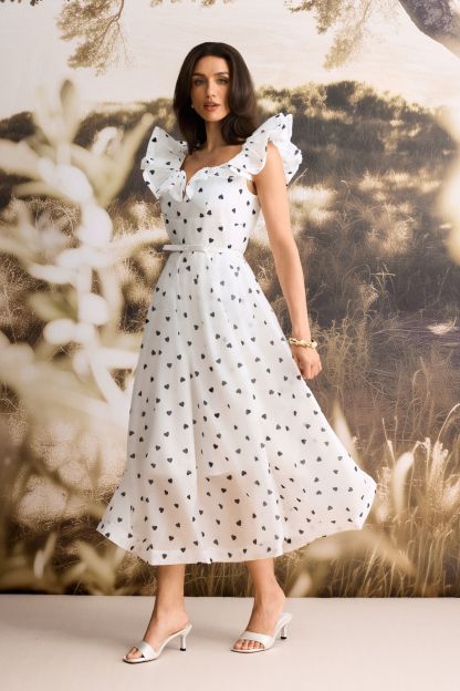 Kelsey Heart Print Ruffle Sleeve Midi Dress