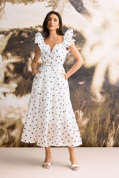 Kelsey Heart Print Ruffle Sleeve Midi Dress