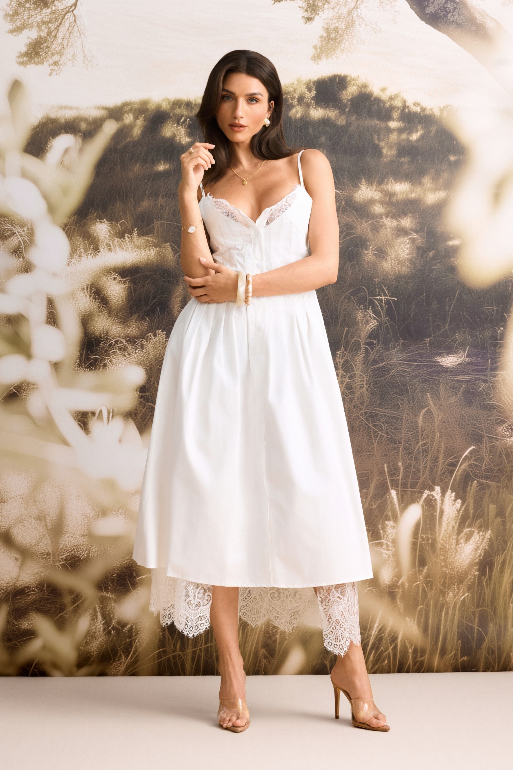 Tasha Lace Trim Spaghetti Strap Midi Dress