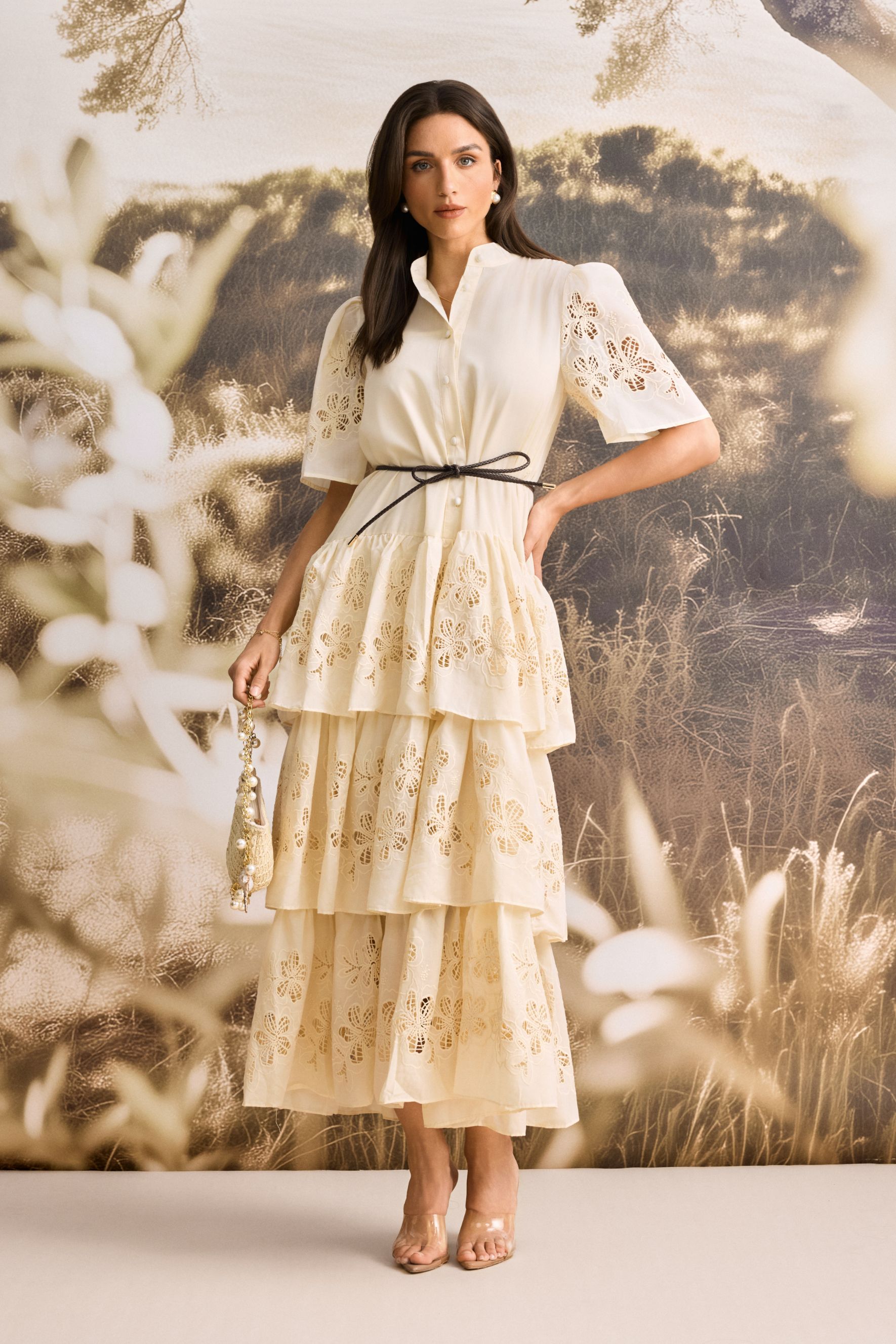 Antonia Lace Embroidered Ruffle Maxi Dress