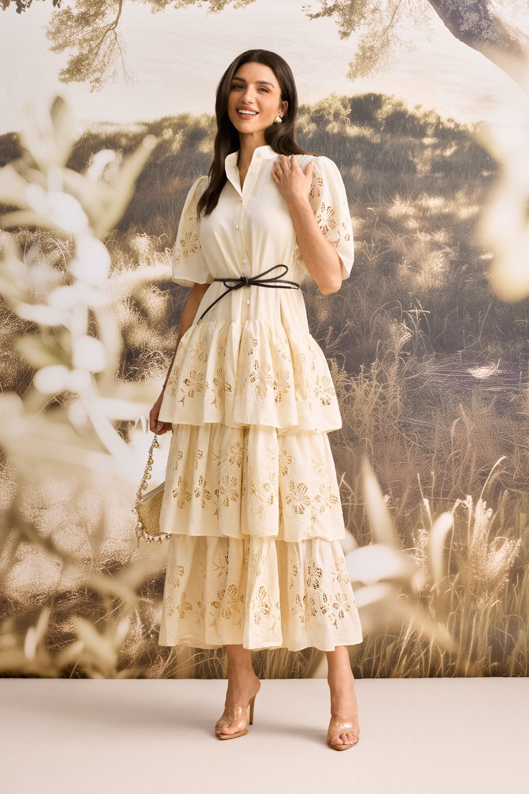 Antonia Lace Embroidered Ruffle Maxi Dress