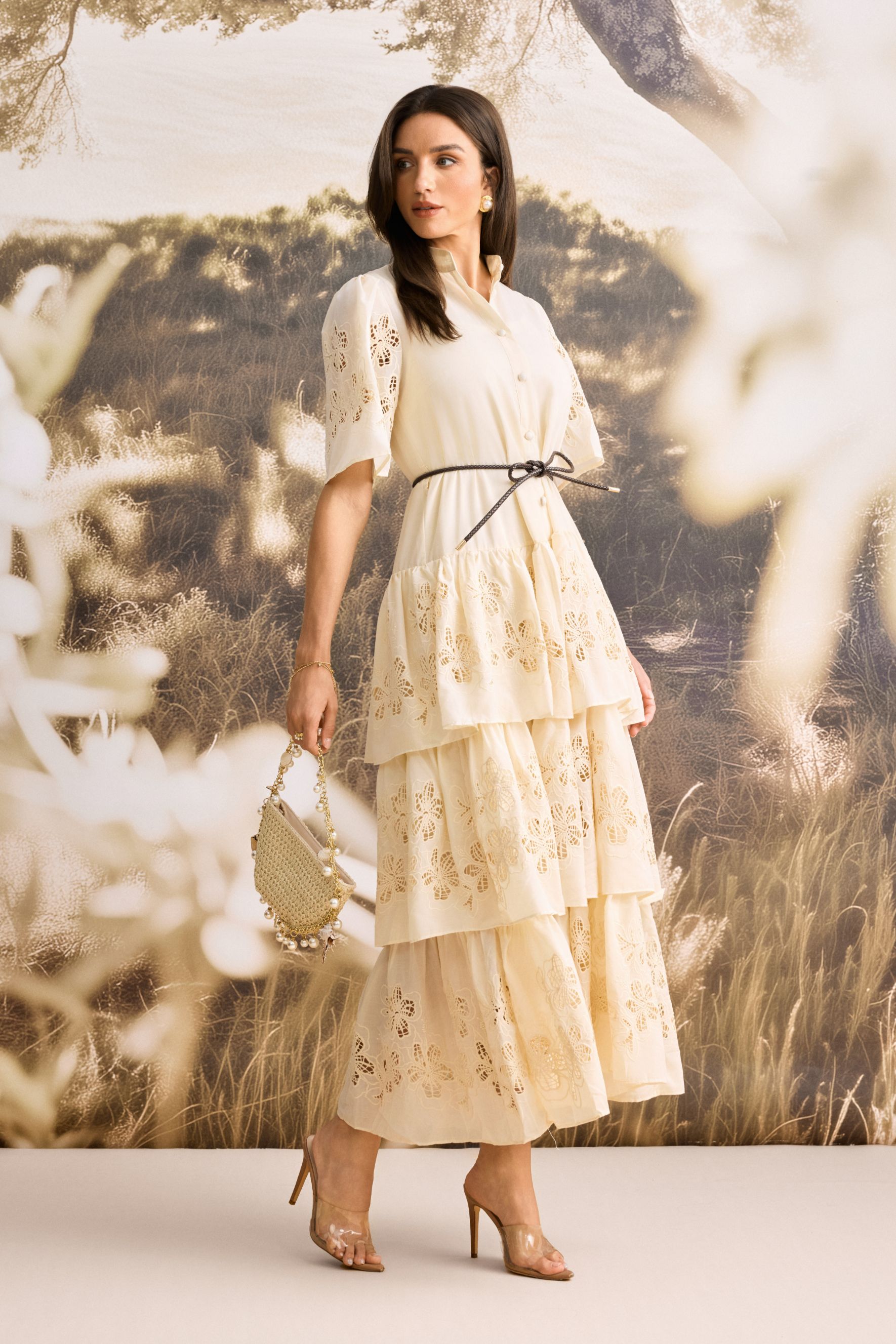 Antonia Lace Embroidered Ruffle Maxi Dress