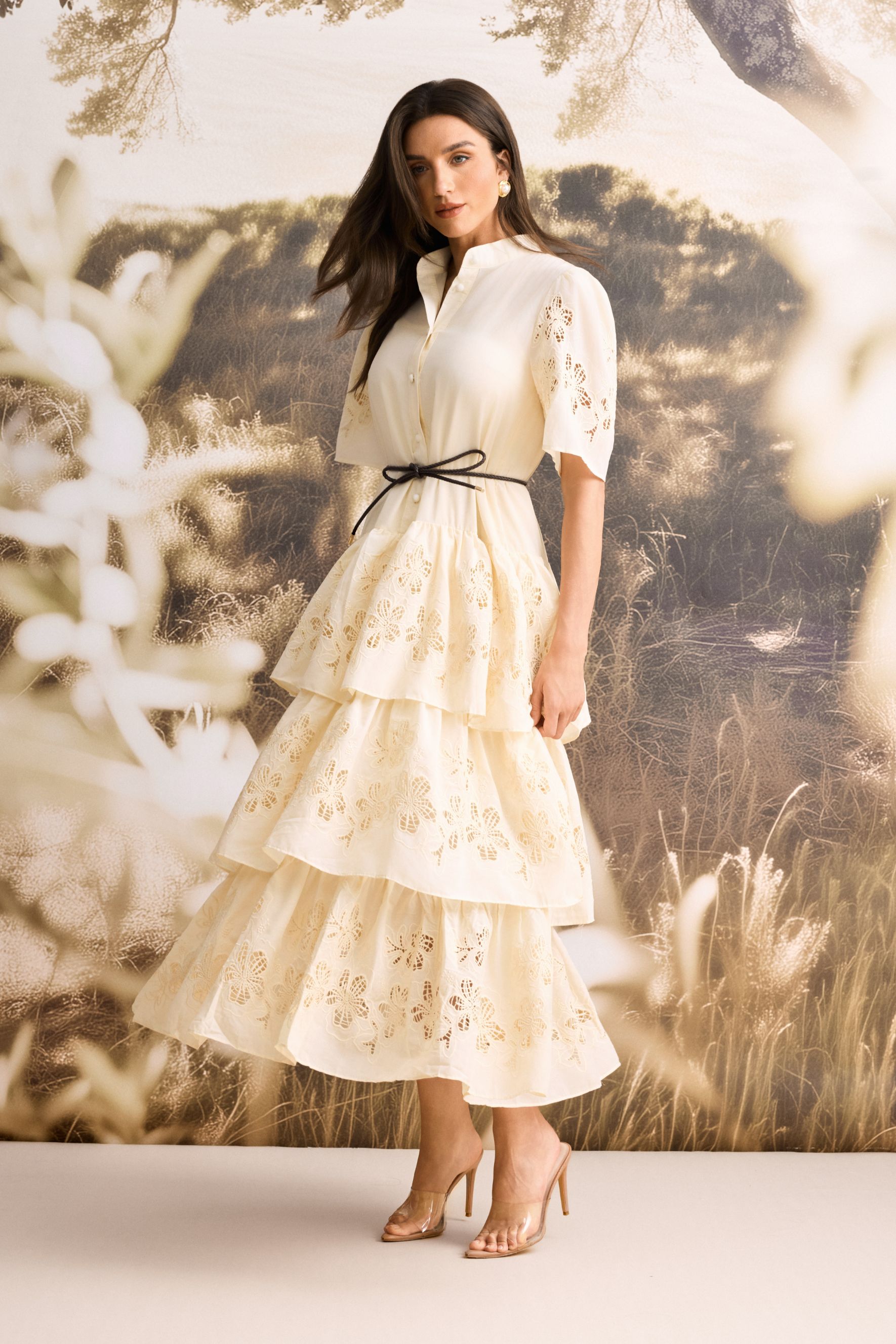 Antonia Lace Embroidered Ruffle Maxi Dress