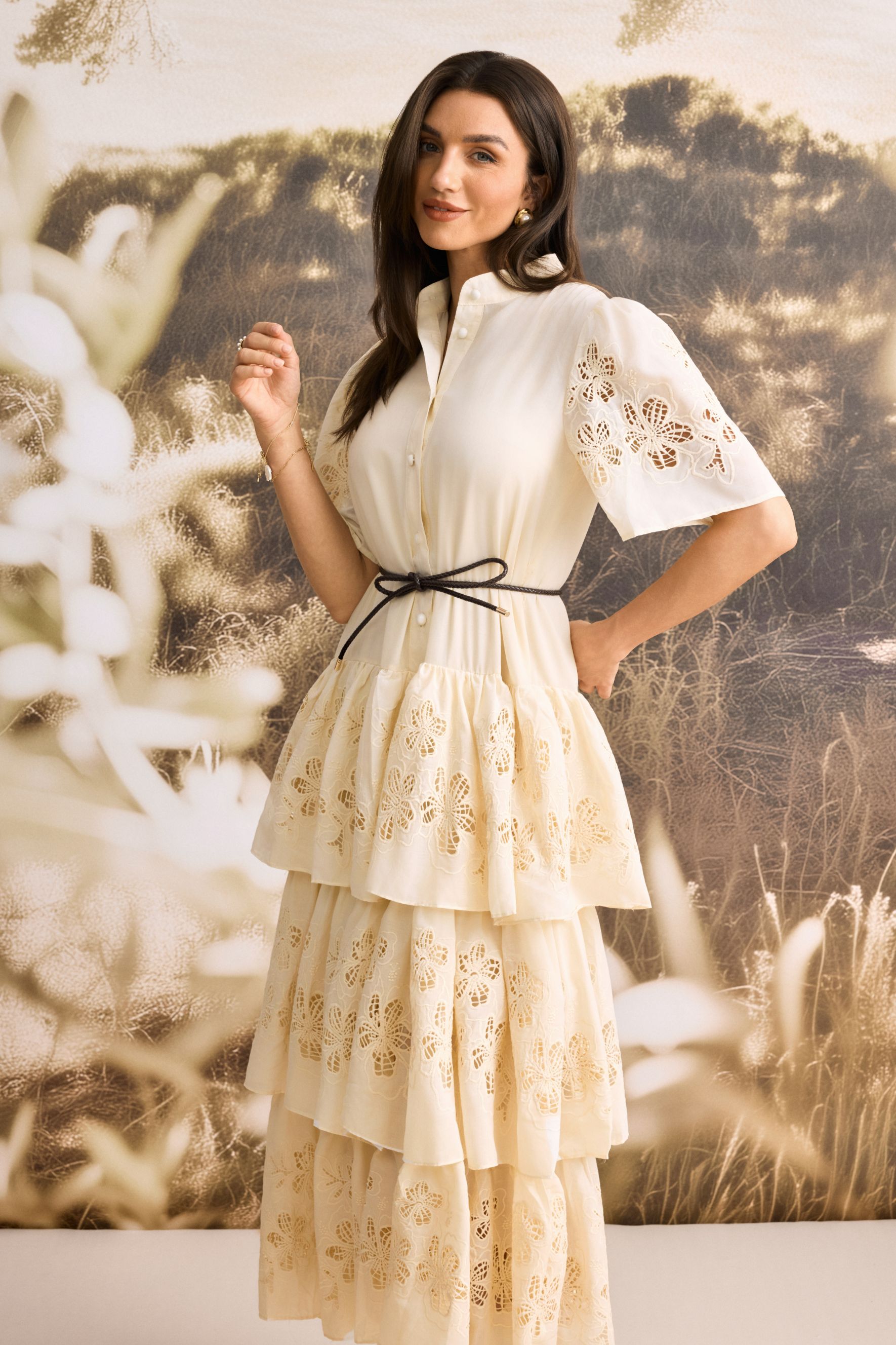 Antonia Lace Embroidered Ruffle Maxi Dress