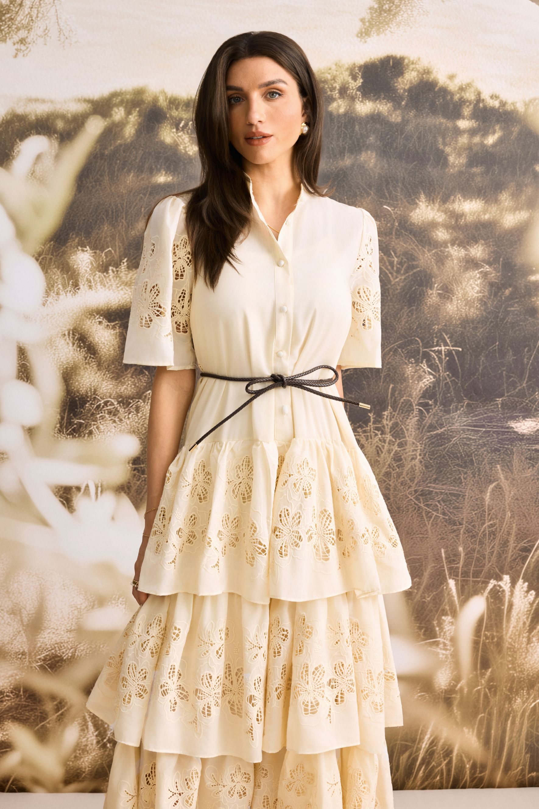 Antonia Lace Embroidered Ruffle Maxi Dress