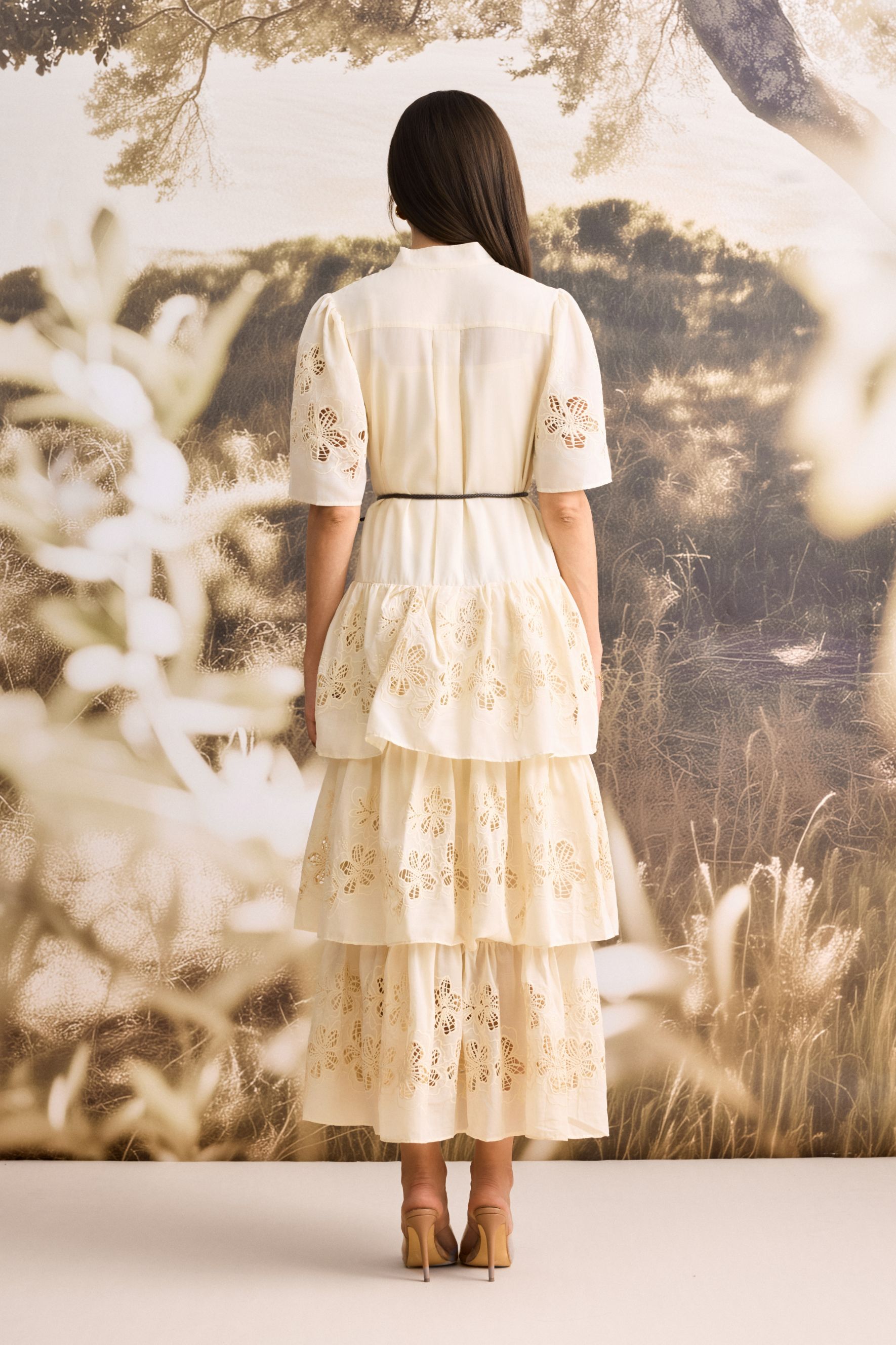 Antonia Lace Embroidered Ruffle Maxi Dress