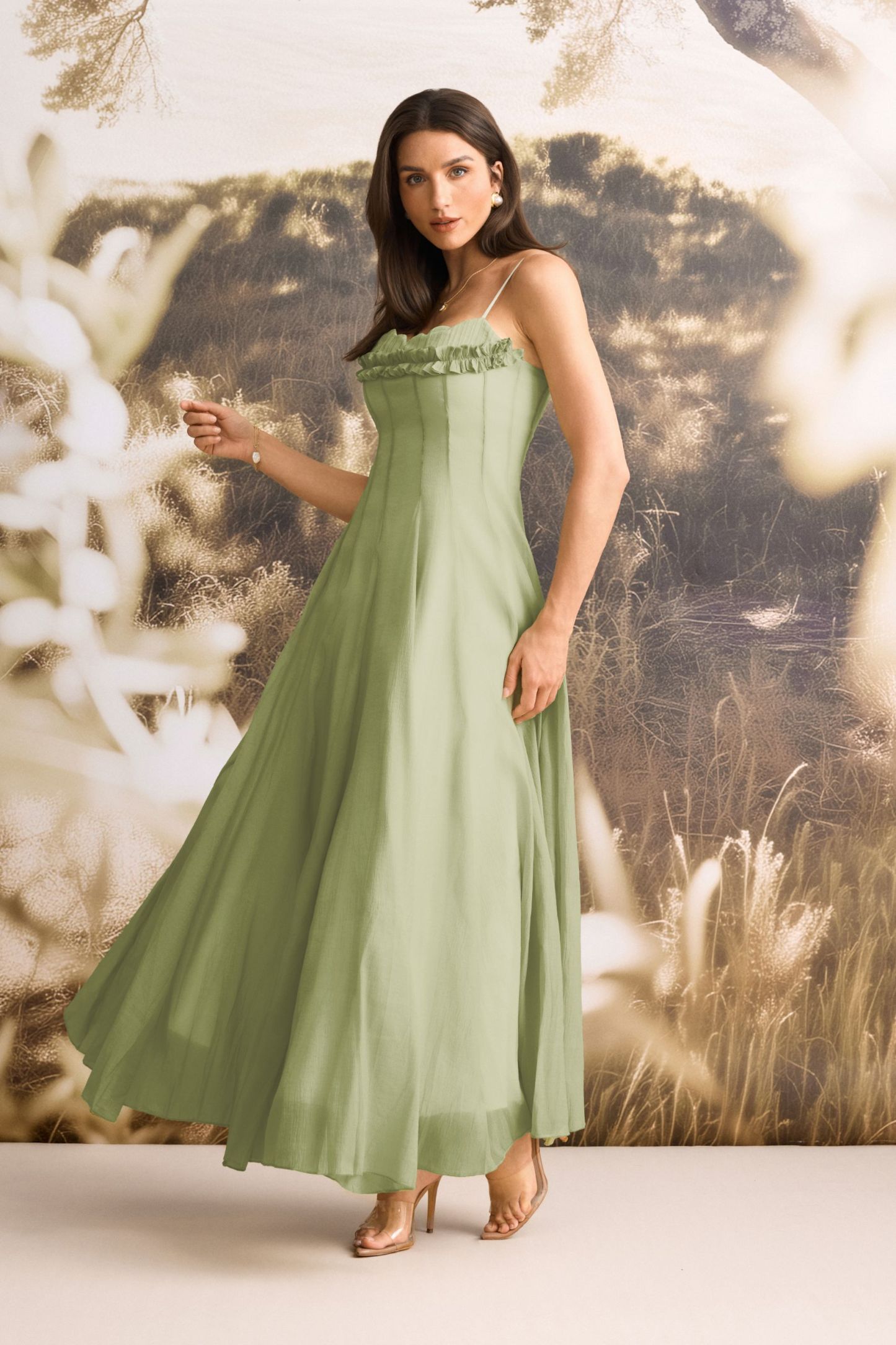 Elvira Ruffled Trim Corset Bodice Maxi Dress