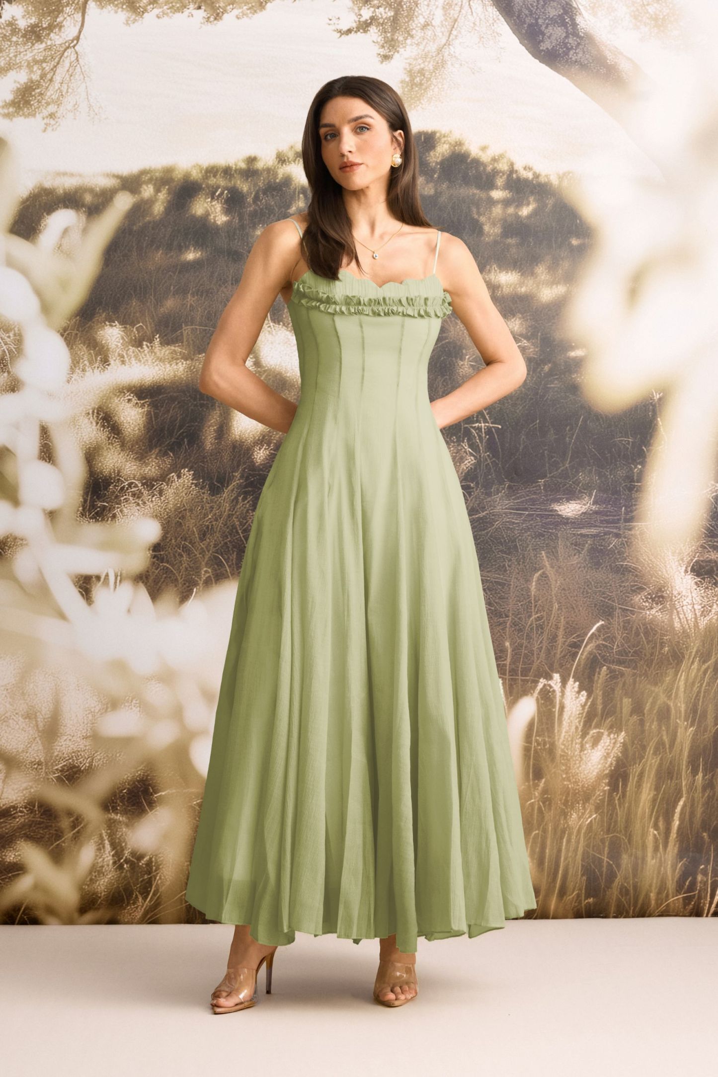 Elvira Ruffled Trim Corset Bodice Maxi Dress