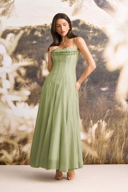 Elvira Ruffled Trim Corset Bodice Maxi Dress