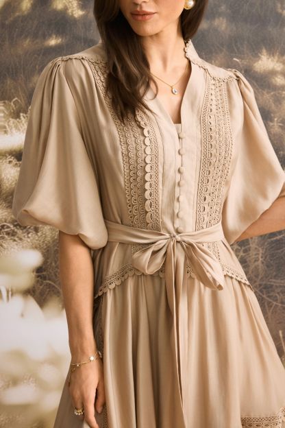 Penelope Lace Trim Puff Sleeve Maxi Dress