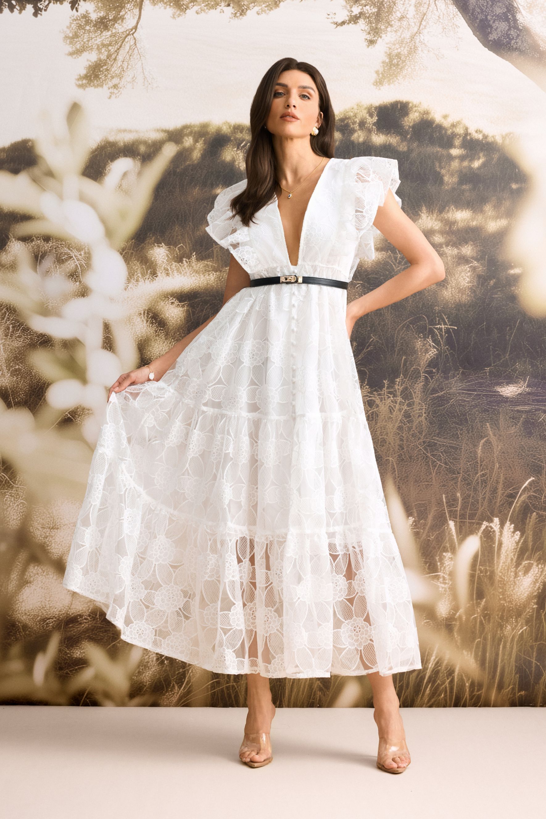 Luna Deep V-Neck Sheer Lace Maxi Dress