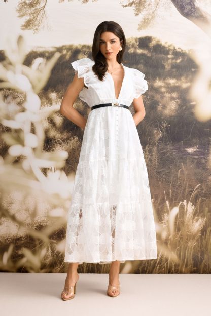 Luna Deep V-Neck Sheer Lace Maxi Dress