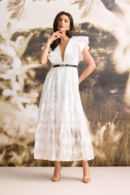 Luna Deep V-Neck Sheer Lace Maxi Dress