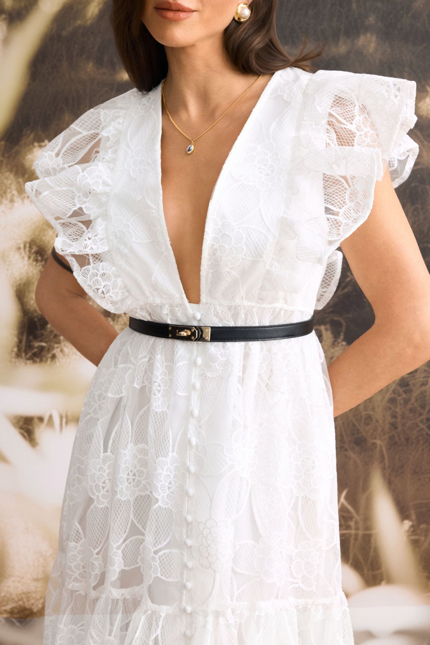 Luna Deep V-Neck Sheer Lace Maxi Dress