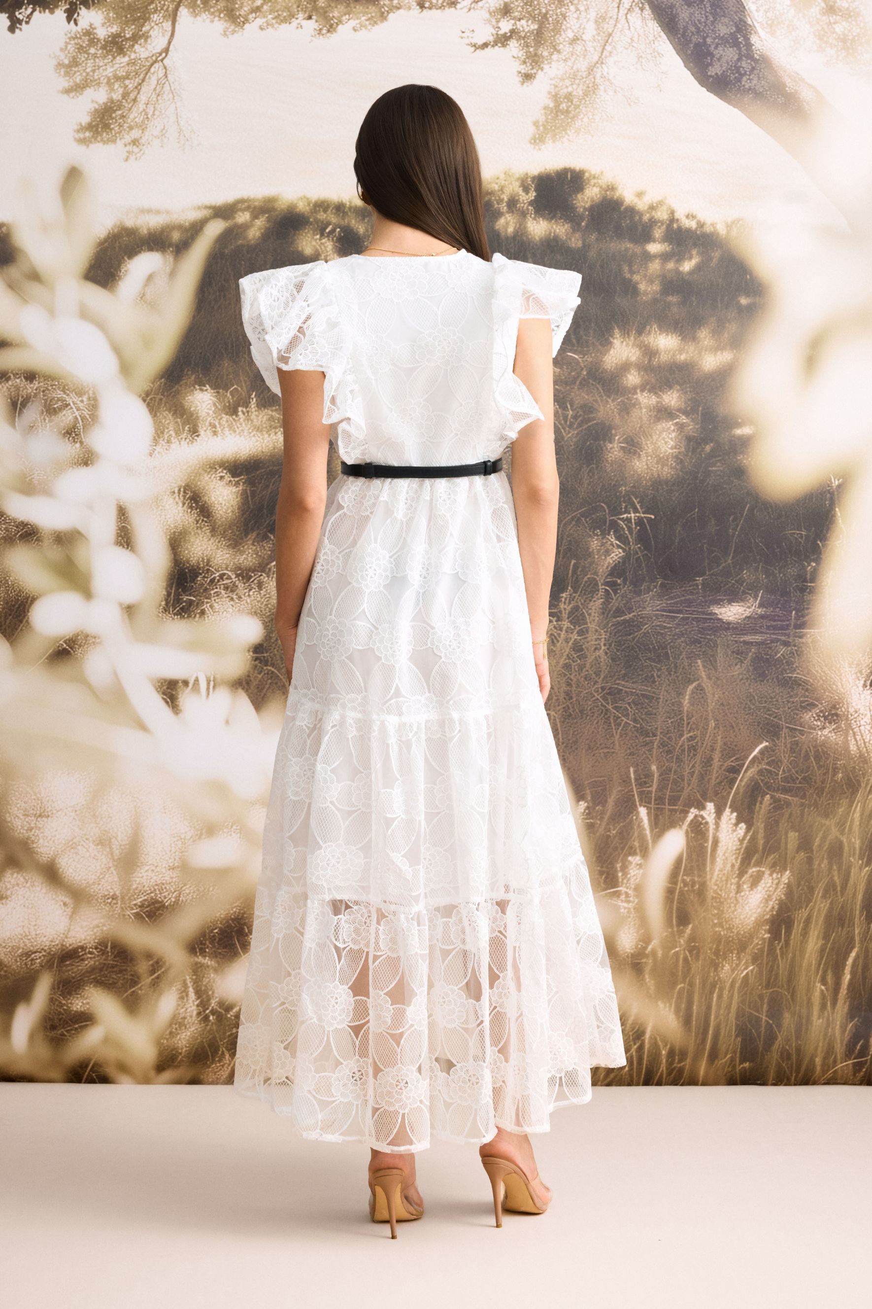 Luna Deep V-Neck Sheer Lace Maxi Dress