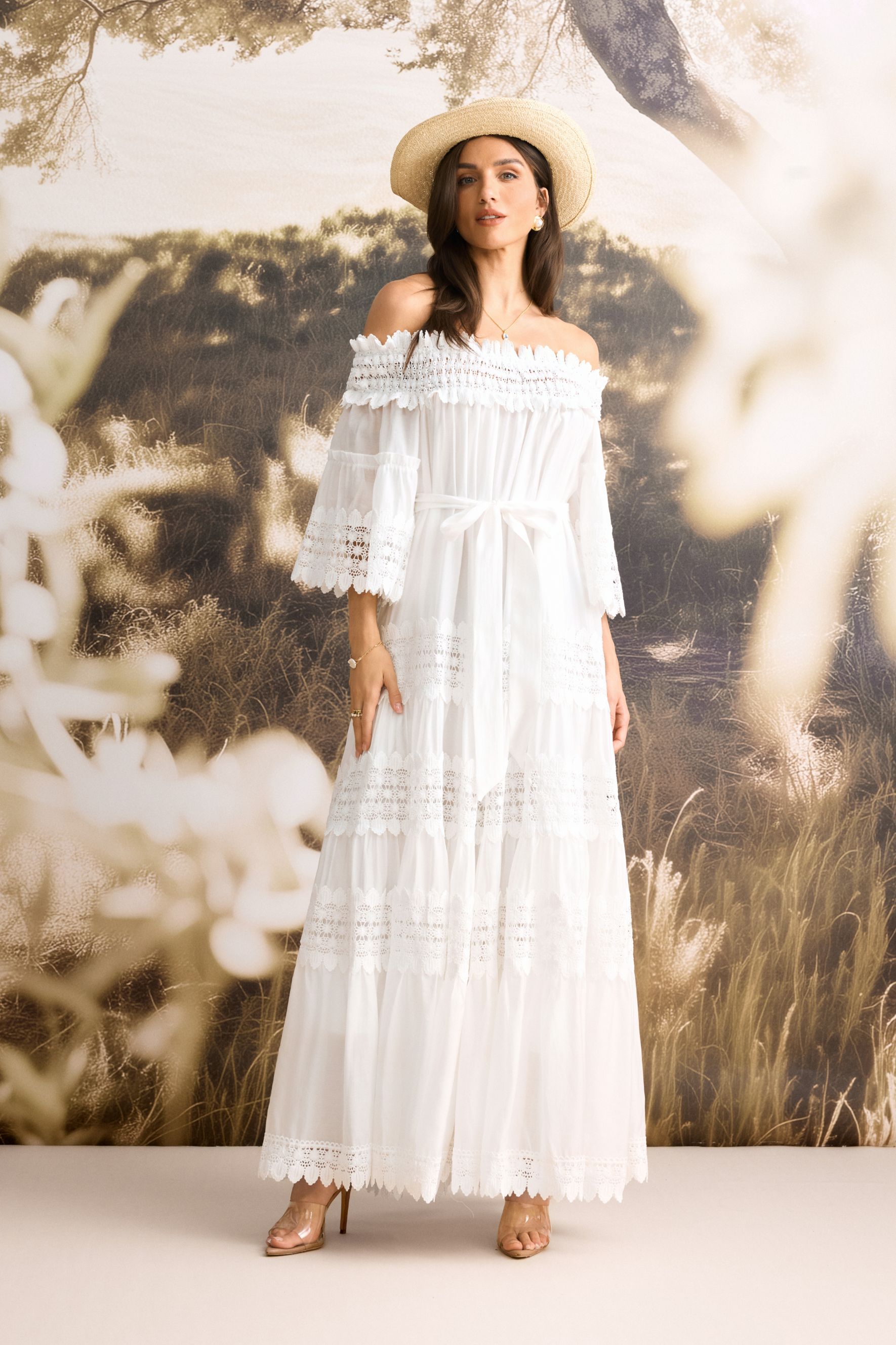 Maura Off Shoulder Lace Trim Maxi Dress