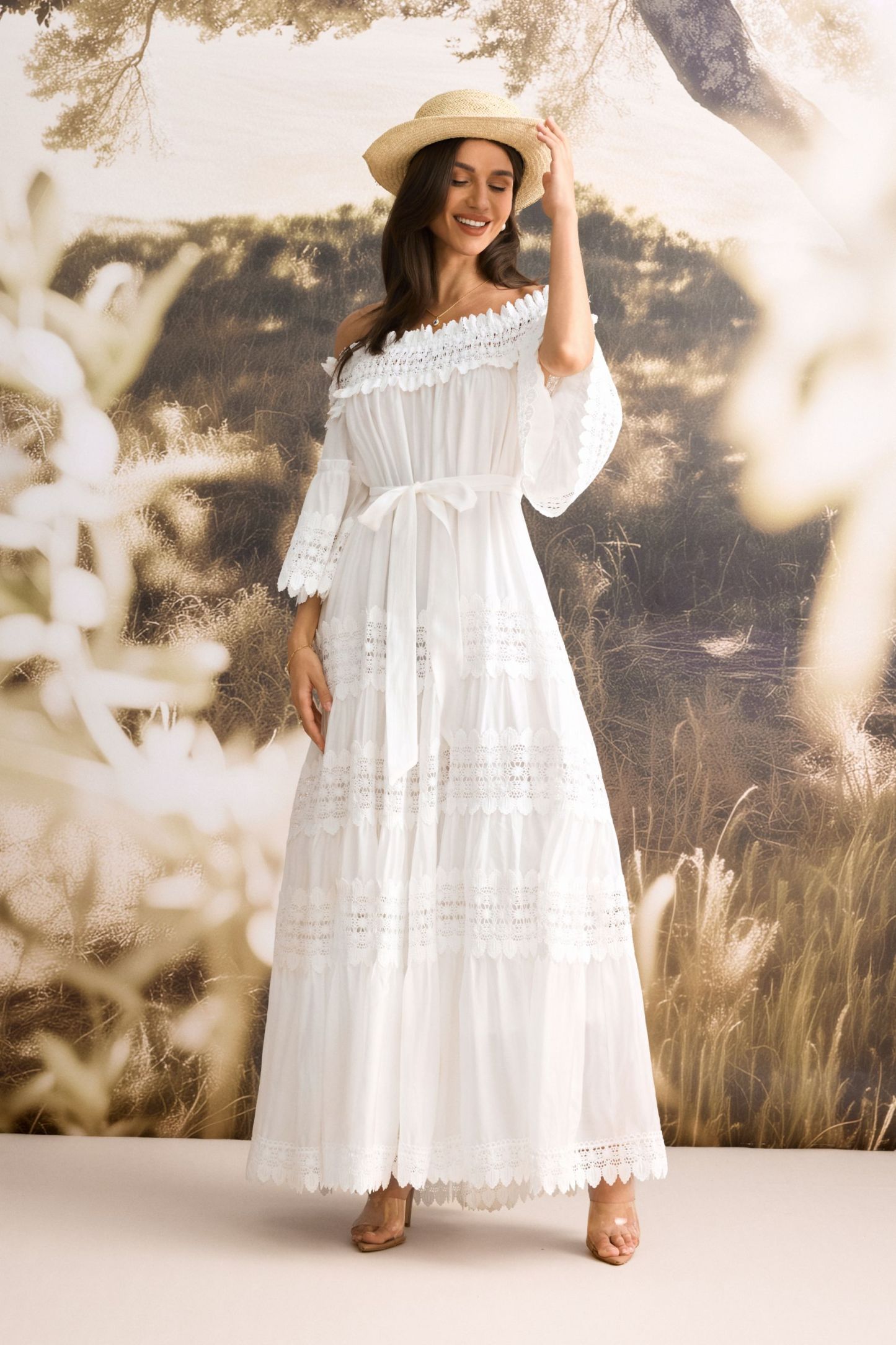 Maura Off Shoulder Lace Trim Maxi Dress