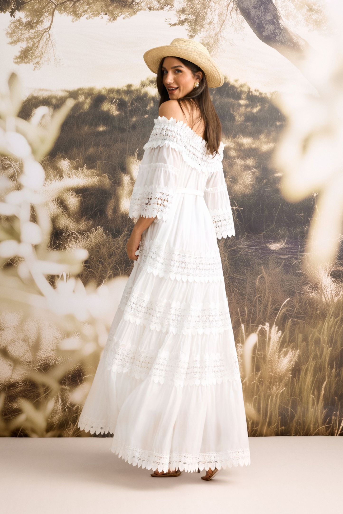 Maura Off Shoulder Lace Trim Maxi Dress