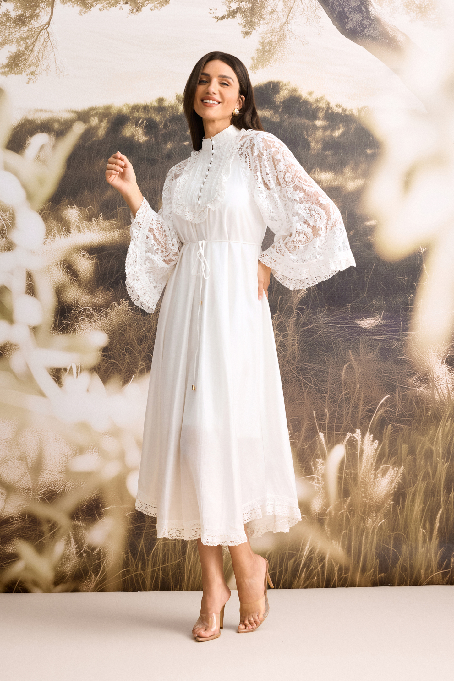 Helena Mock Neck Sheer Lace Midi Dress