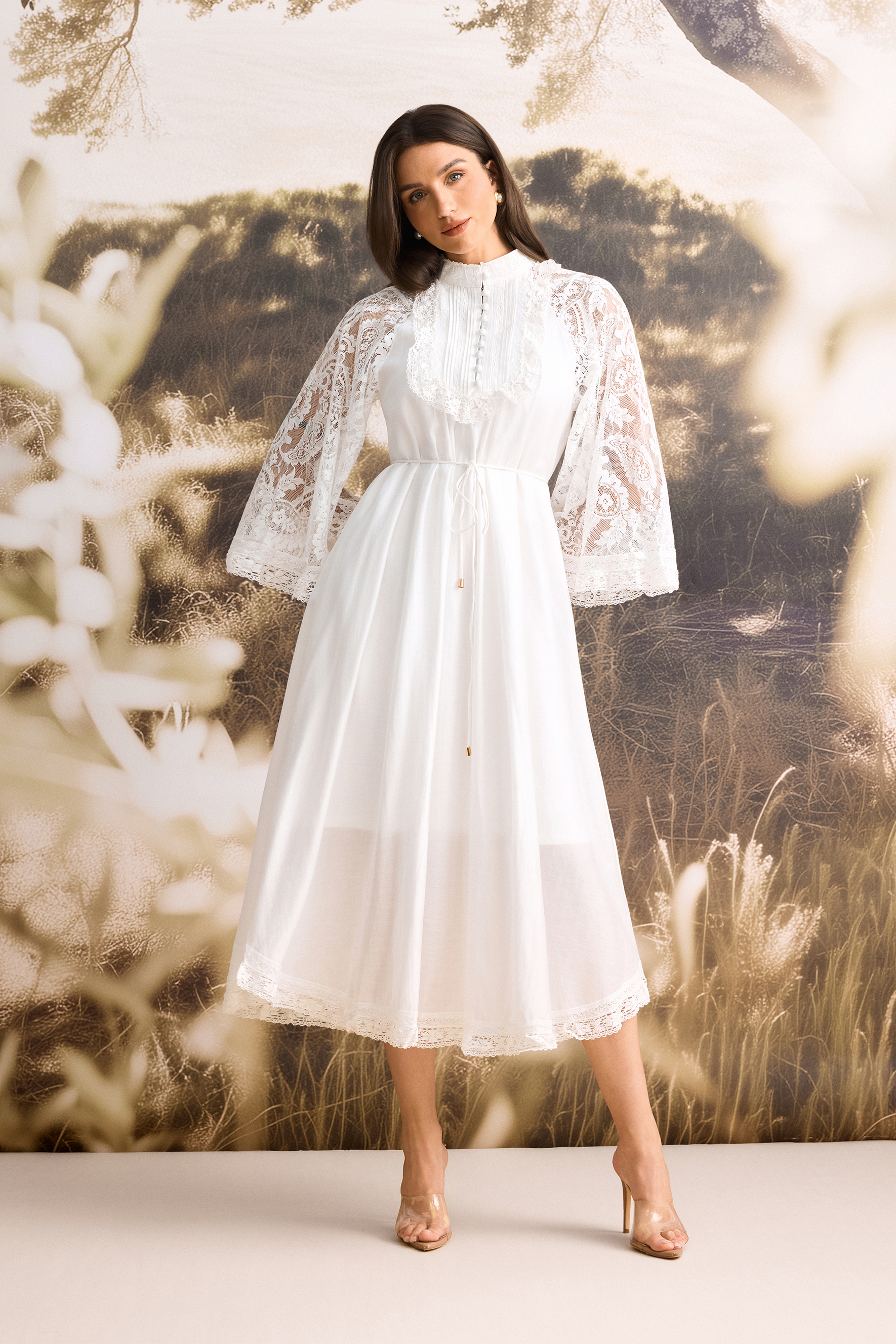 Helena Mock Neck Sheer Lace Midi Dress