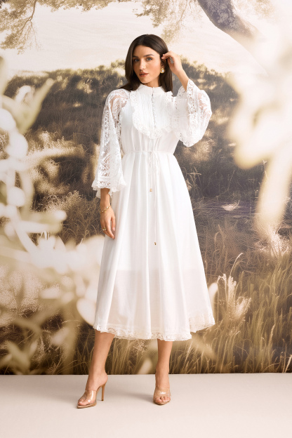 Helena Mock Neck Sheer Lace Midi Dress