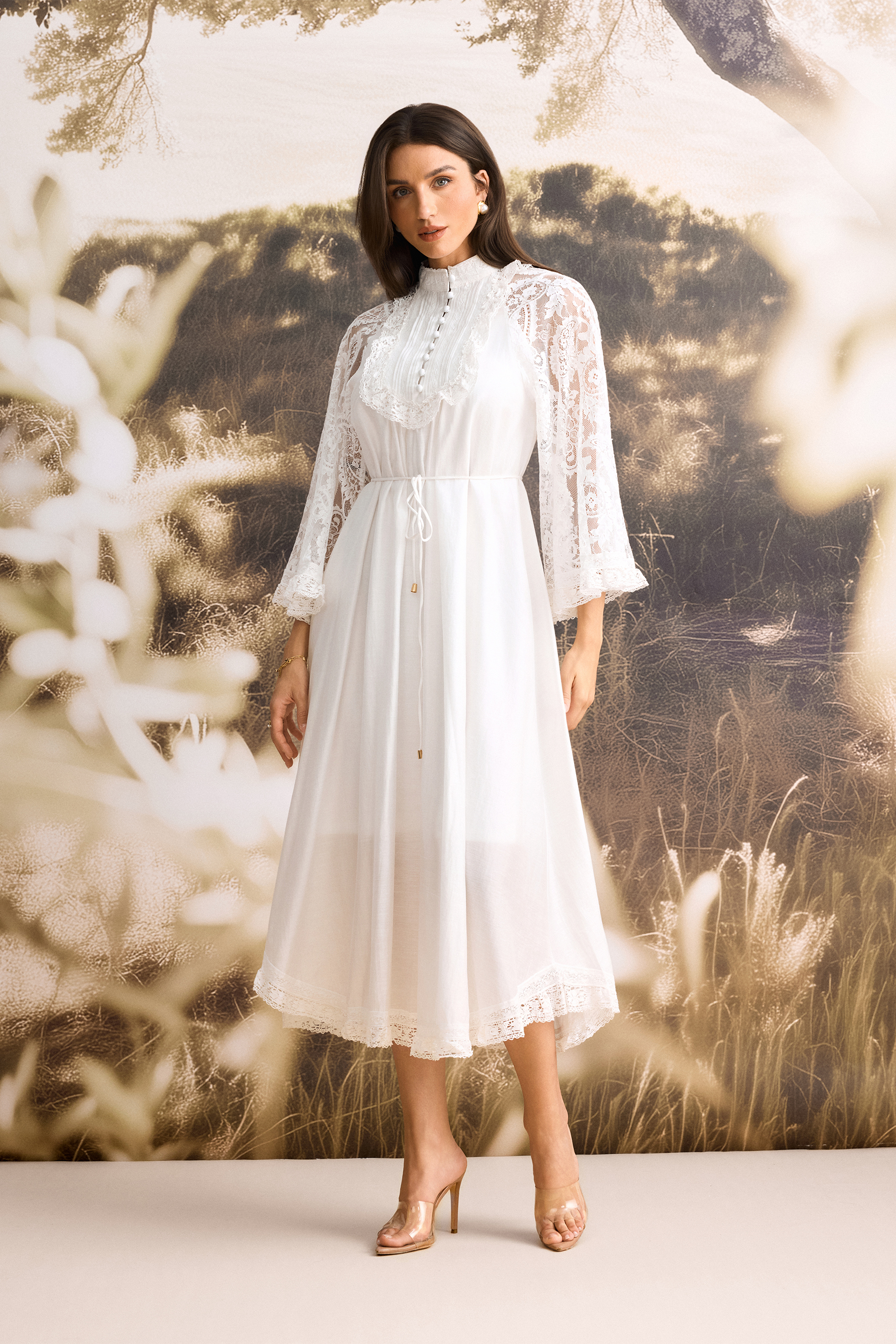 Helena Mock Neck Sheer Lace Midi Dress