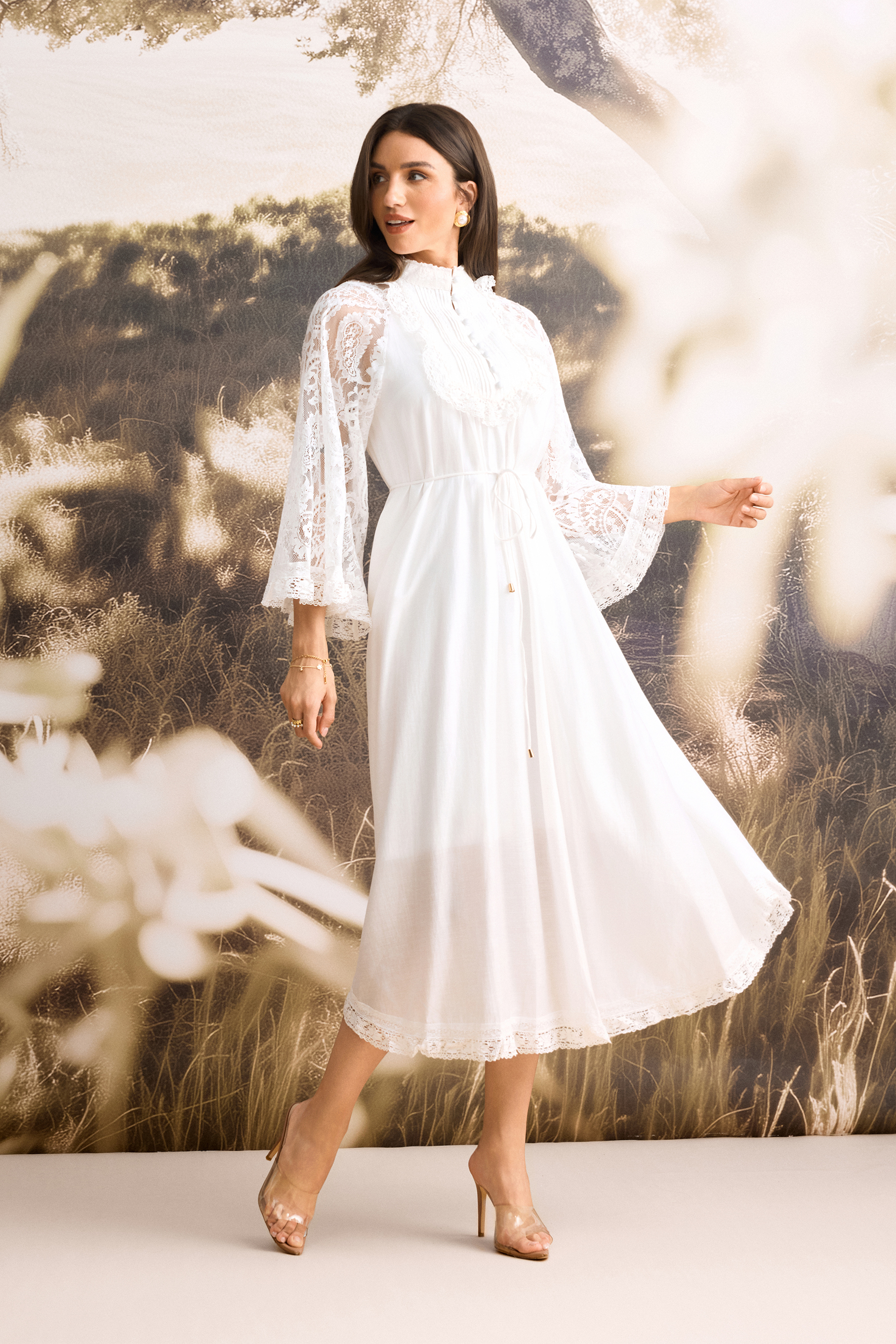 Helena Mock Neck Sheer Lace Midi Dress