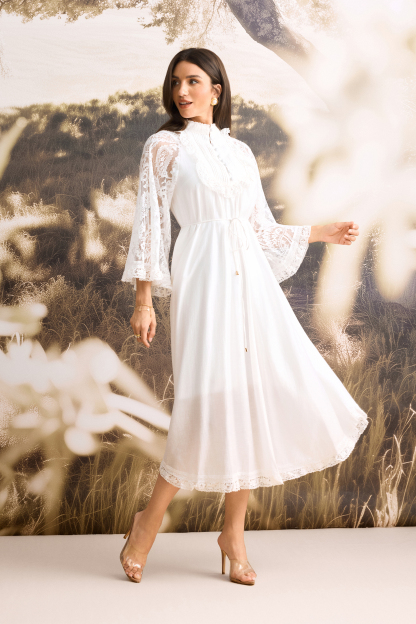 Helena Mock Neck Sheer Lace Midi Dress