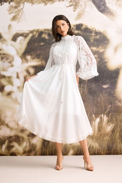 Helena Mock Neck Sheer Lace Midi Dress