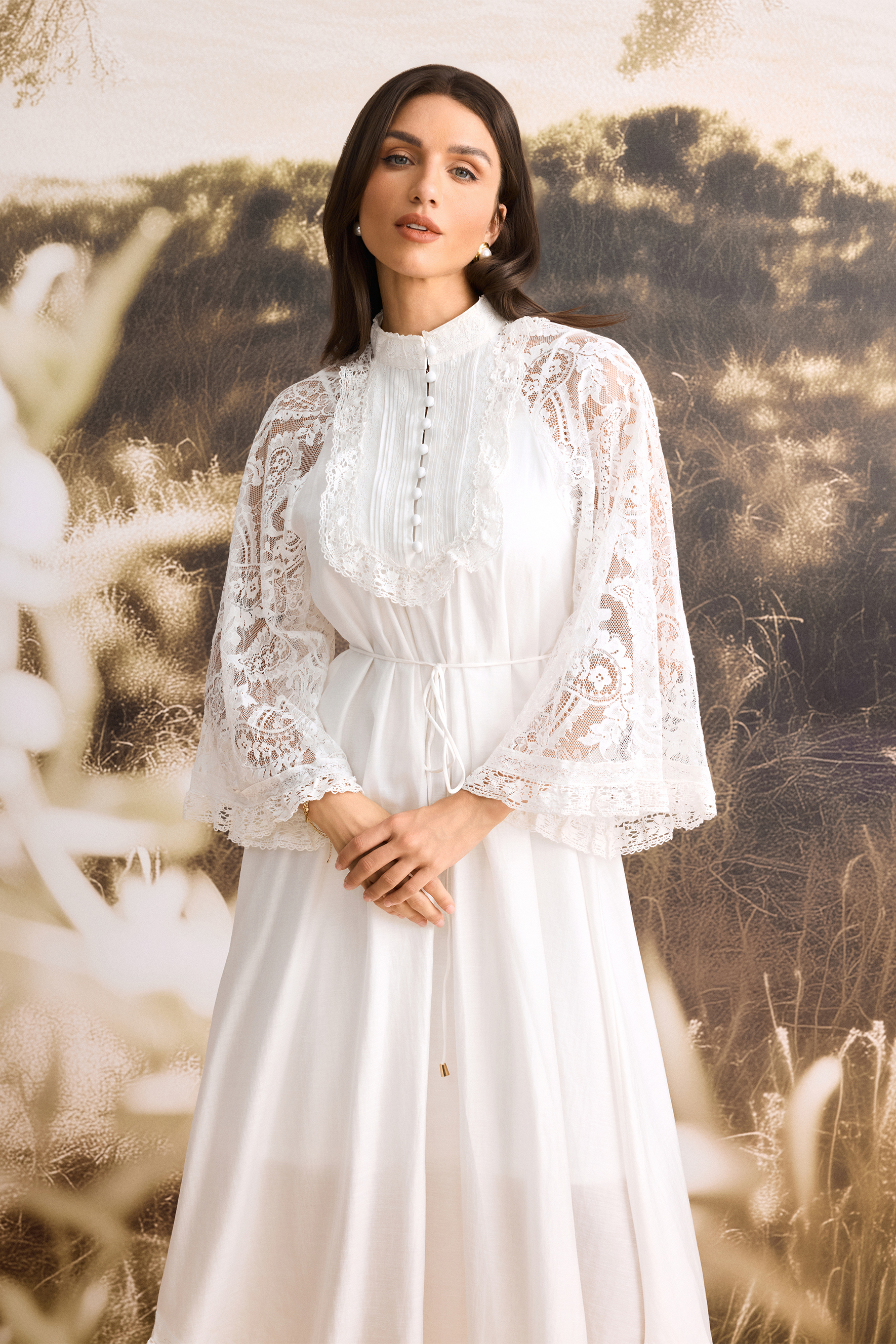 Helena Mock Neck Sheer Lace Midi Dress