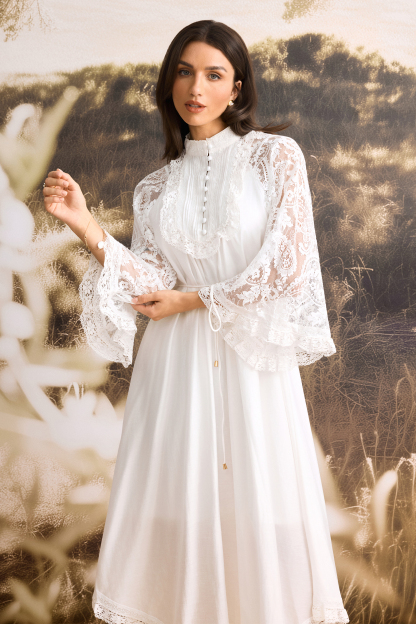 Helena Mock Neck Sheer Lace Midi Dress