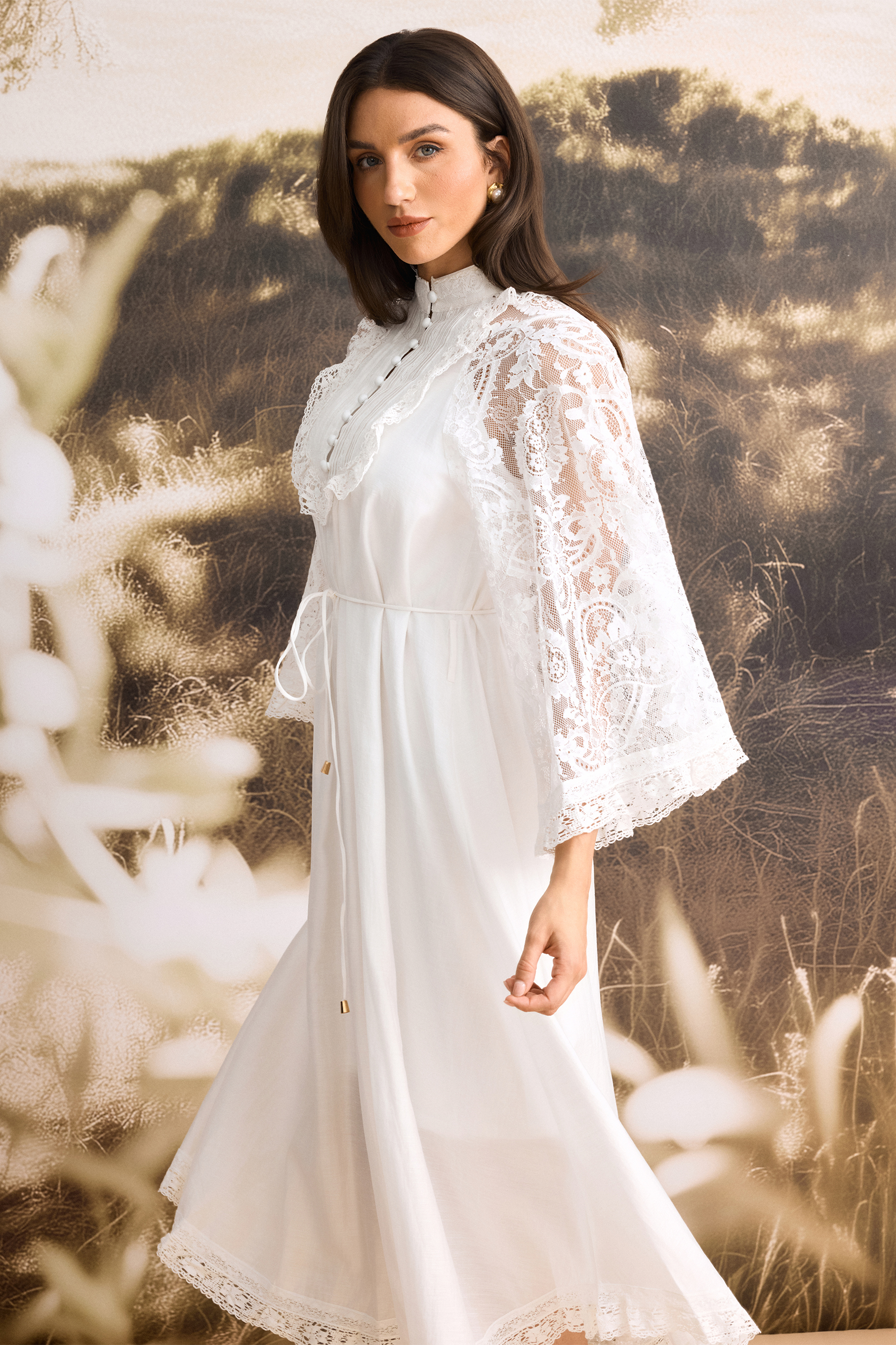 Helena Mock Neck Sheer Lace Midi Dress