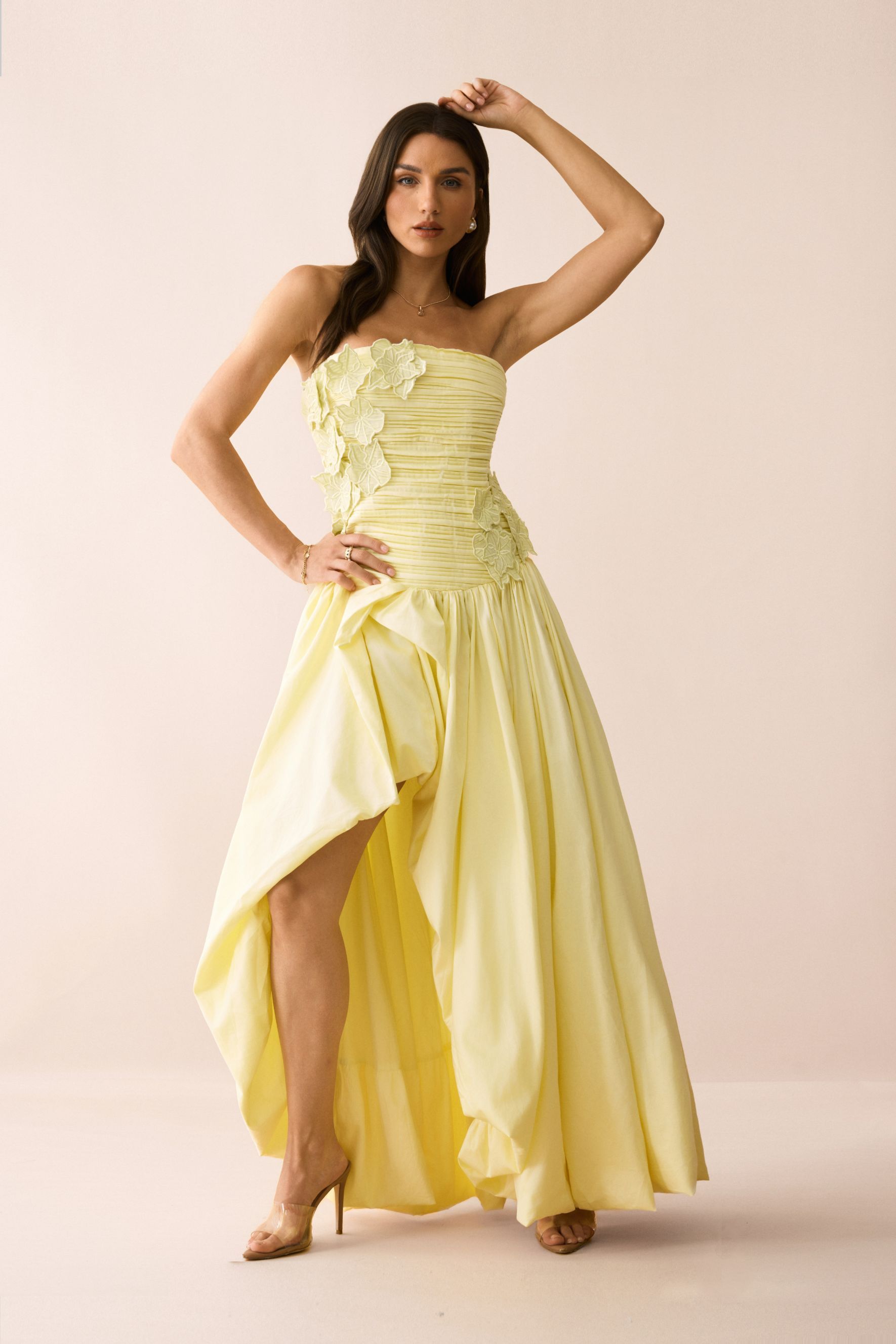 Ophelia Floral Applique Asymmetric Hem Maxi Dress