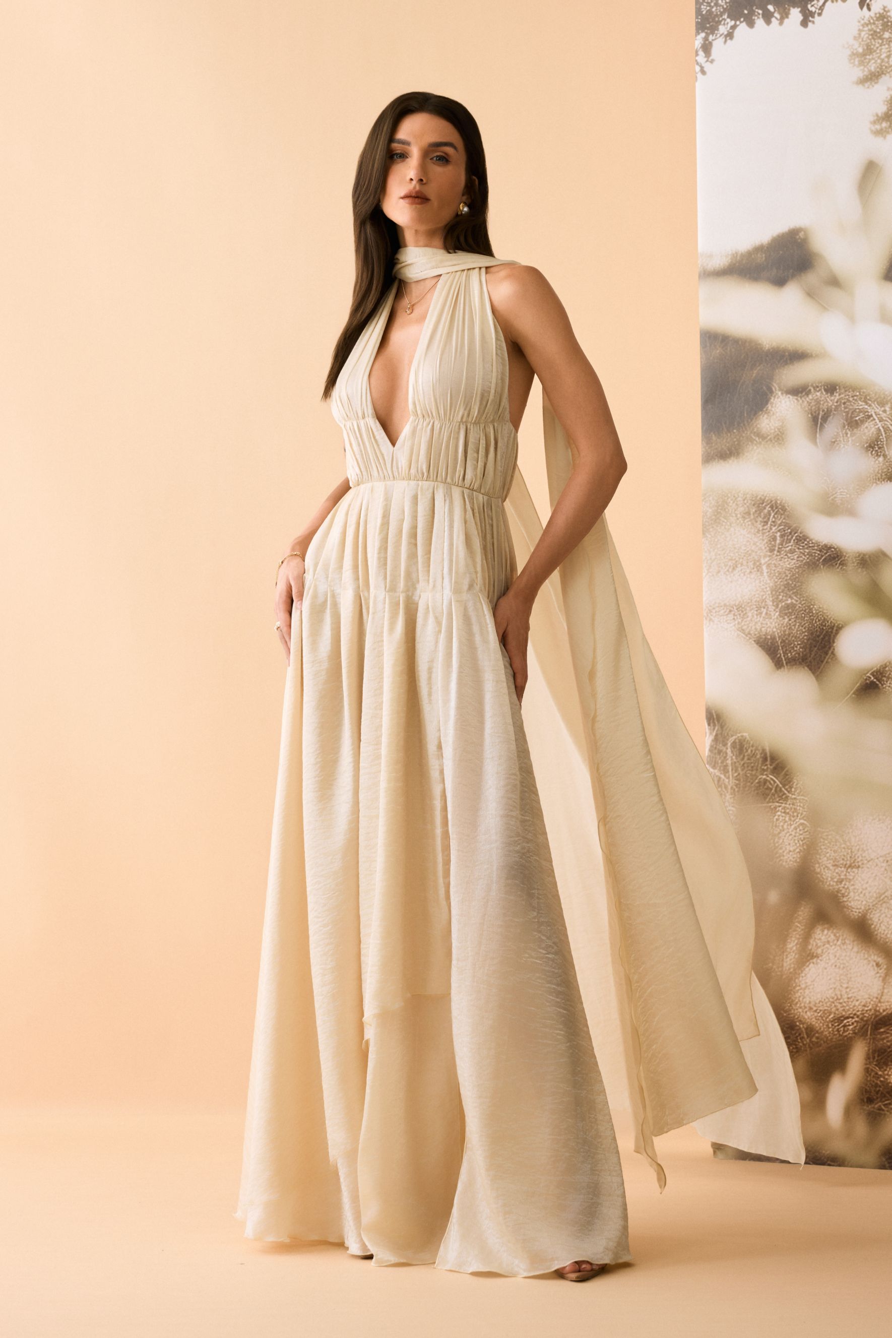 Setlla Plunge Neck Scarf-detail Draped Maxi Dress