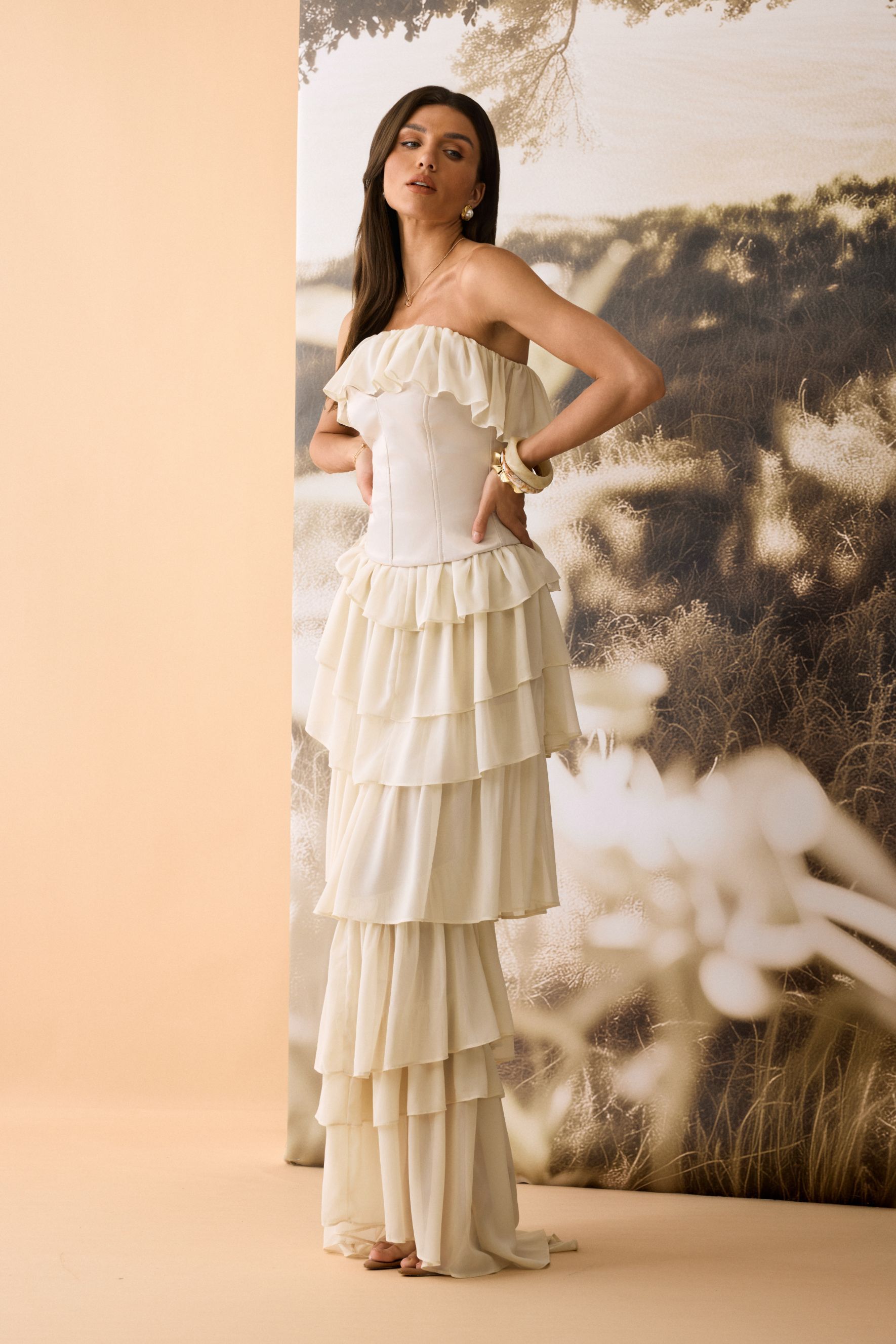 Letitia Layered Ruffle Corset Maxi Dress