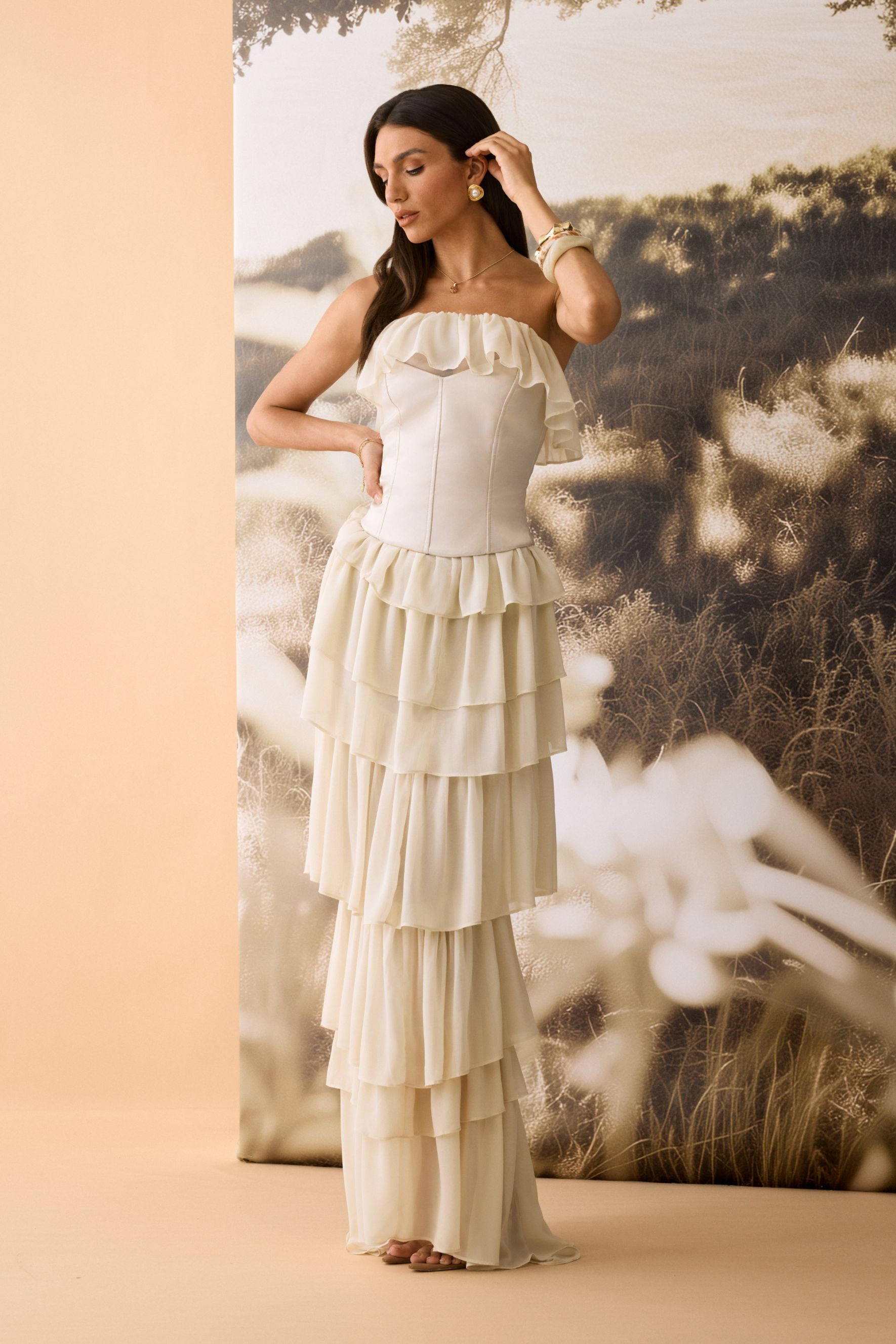 Letitia Layered Ruffle Corset Maxi Dress