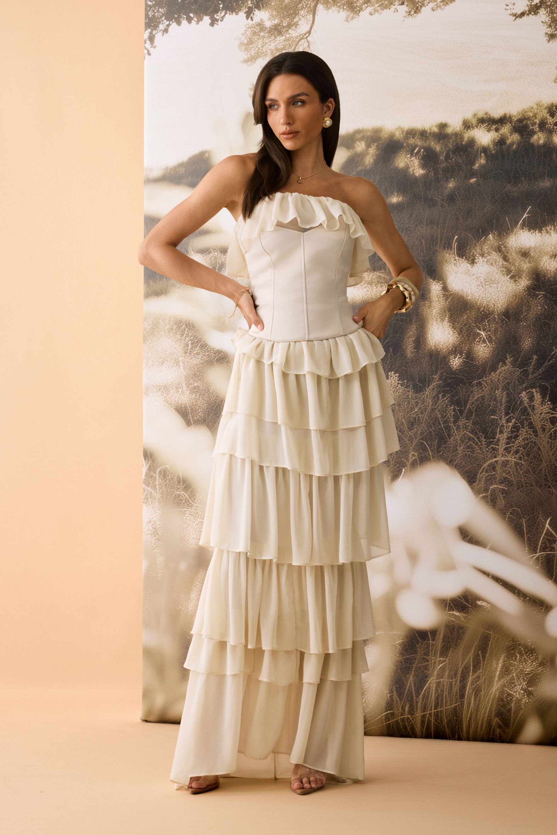 Letitia Layered Ruffle Corset Maxi Dress