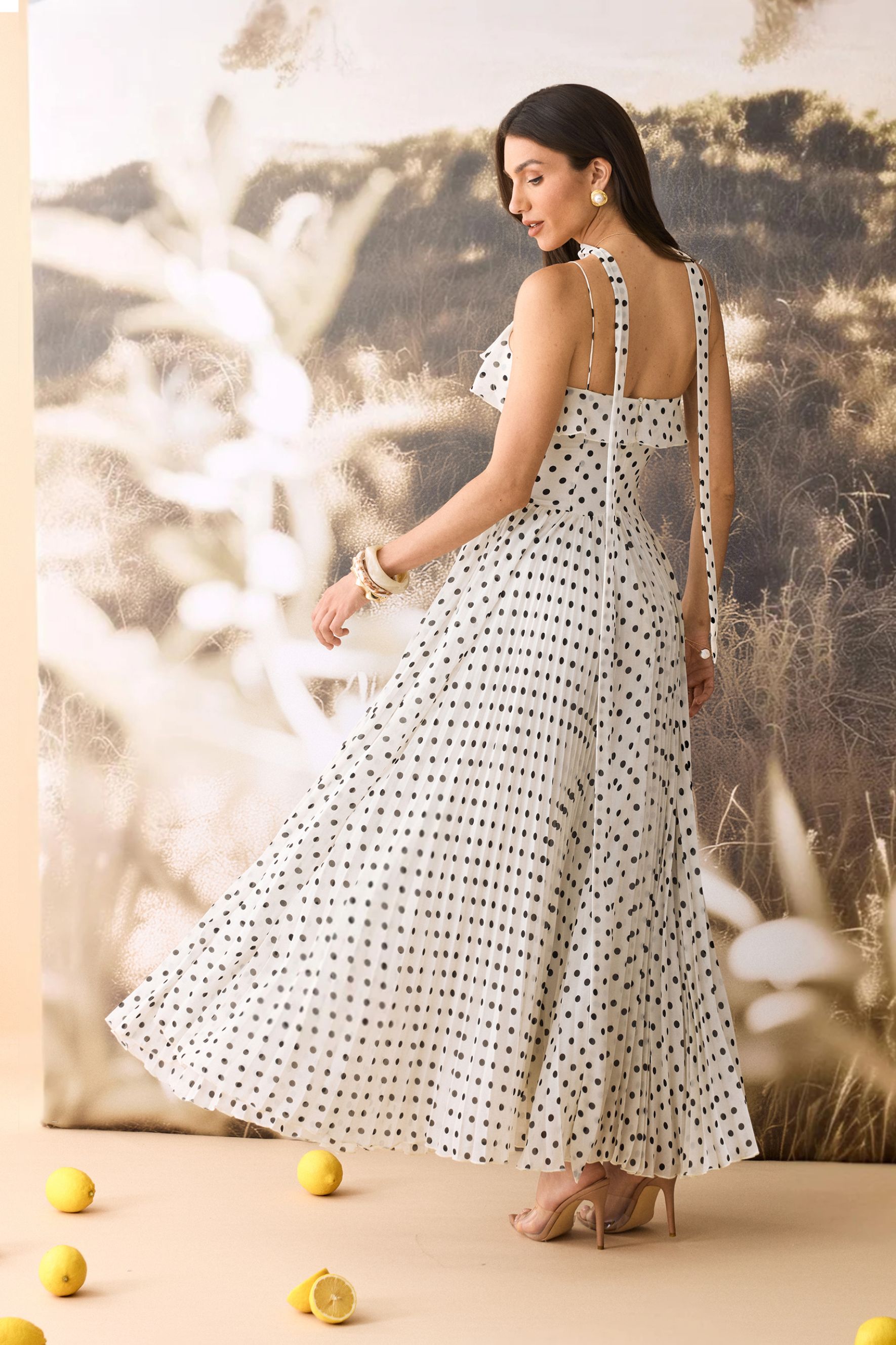 Andrea Polka Dot Ruffle Chiffon Maxi Dress