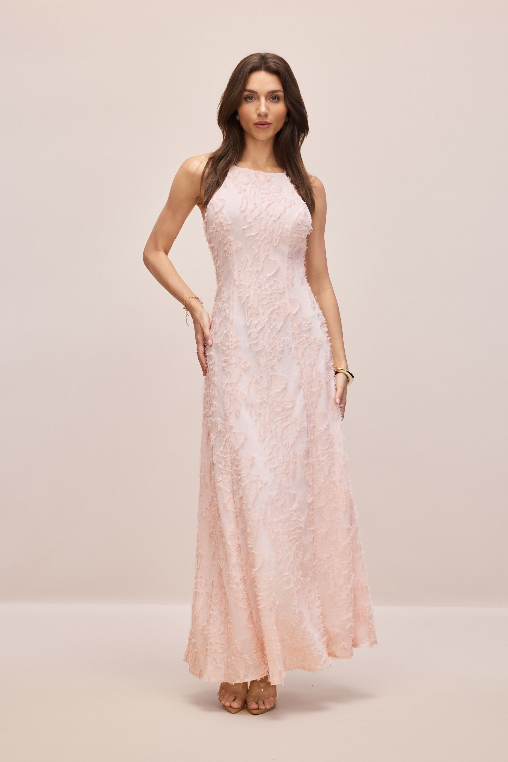 Juliana Halterneck Frayed Maxi Dress