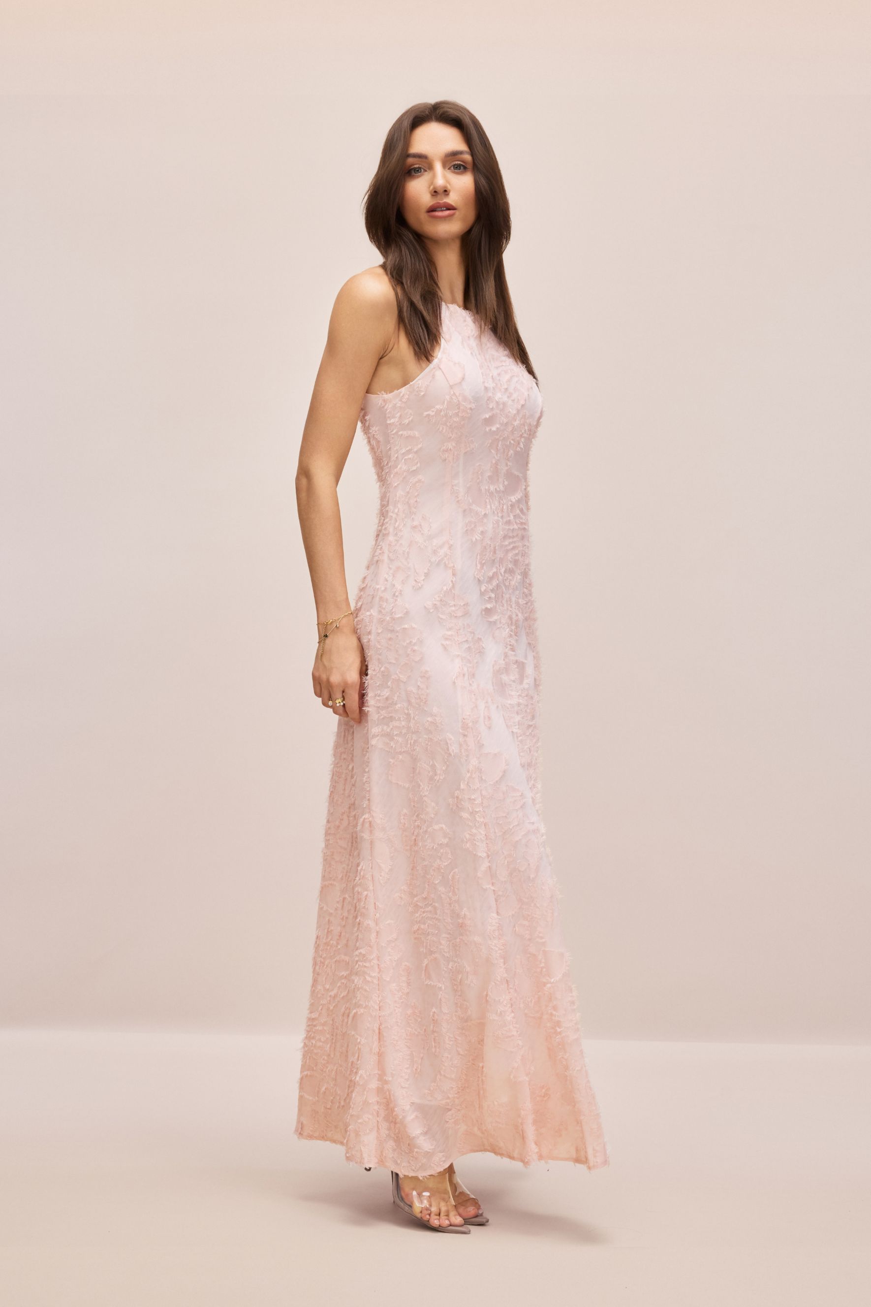 Juliana Halterneck Frayed Maxi Dress