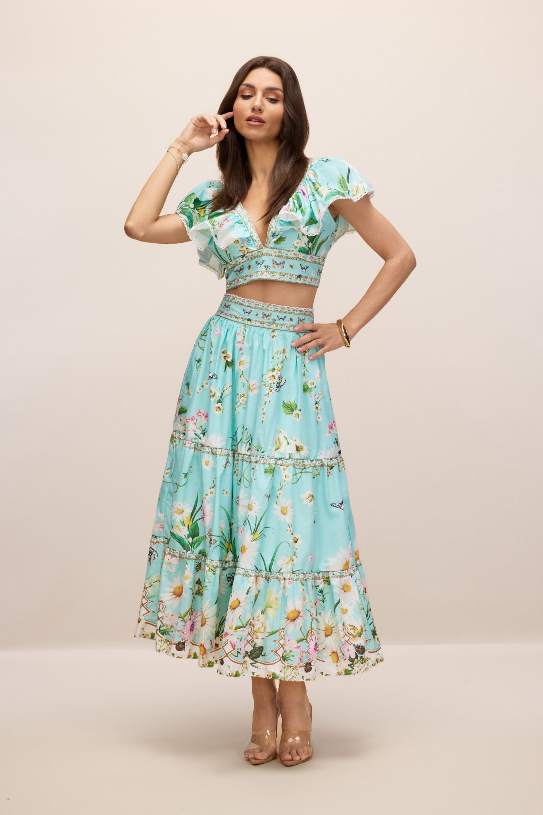 Susie V-Neck Floral Print Crop Top & Skirt Set