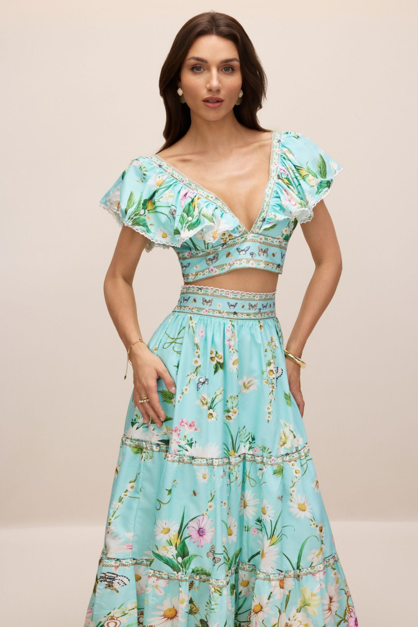 Susie V-Neck Floral Print Crop Top & Skirt Set