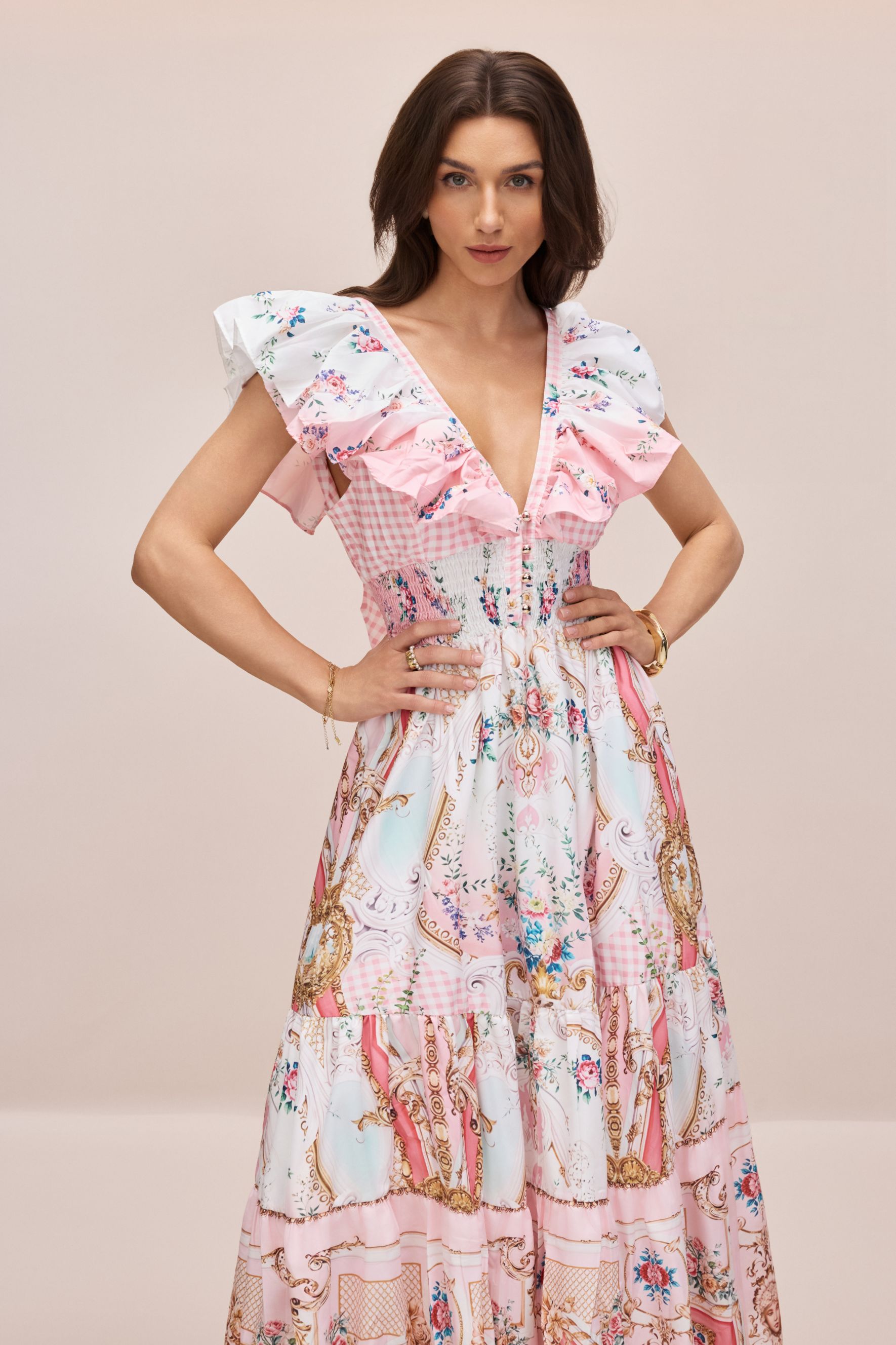 ★Mac Duggal★Pink Vネック フリルトリムスリーブラップ ドレス ☆Mac Duggal☆Pink Vネック フリルトリムスリーブラップ ドレス