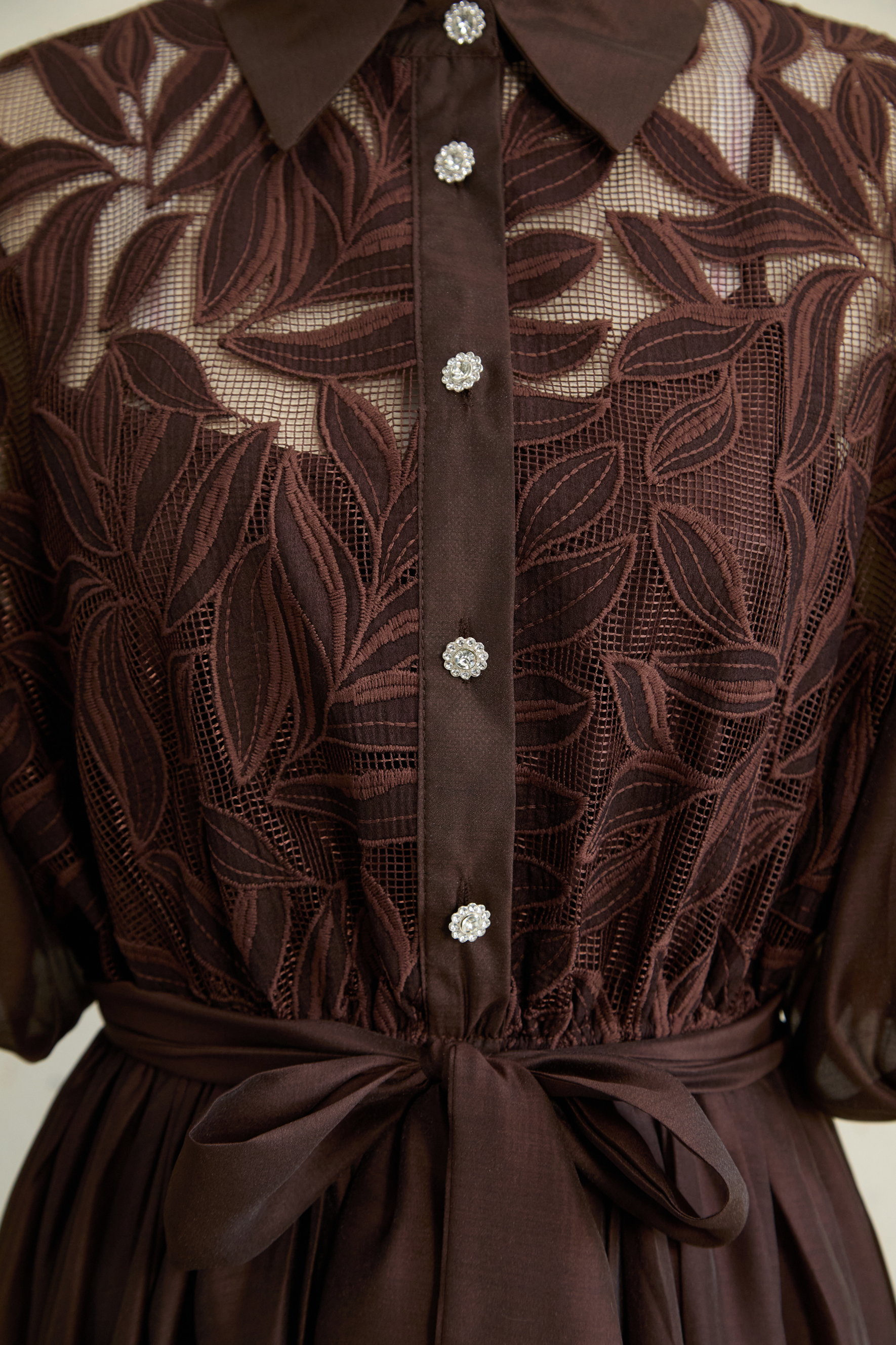 Breezy Wanderings Brown Leaf Embroidered Puff Sleeve Maxi Dress