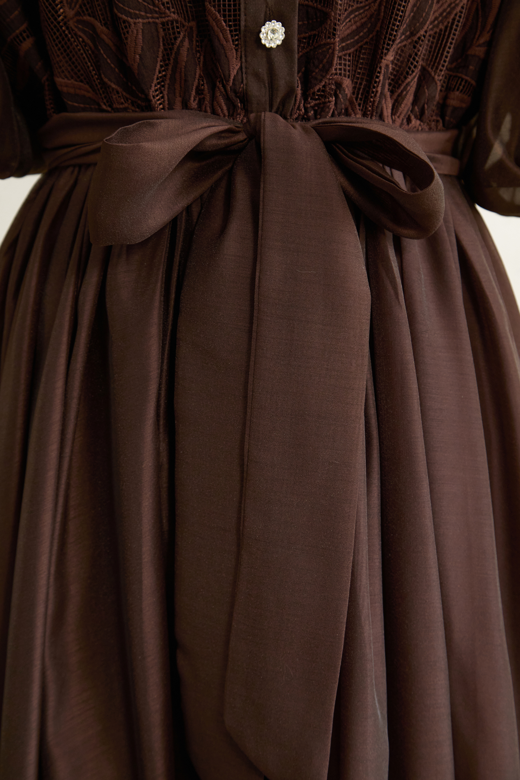 Breezy Wanderings Brown Leaf Embroidered Puff Sleeve Maxi Dress